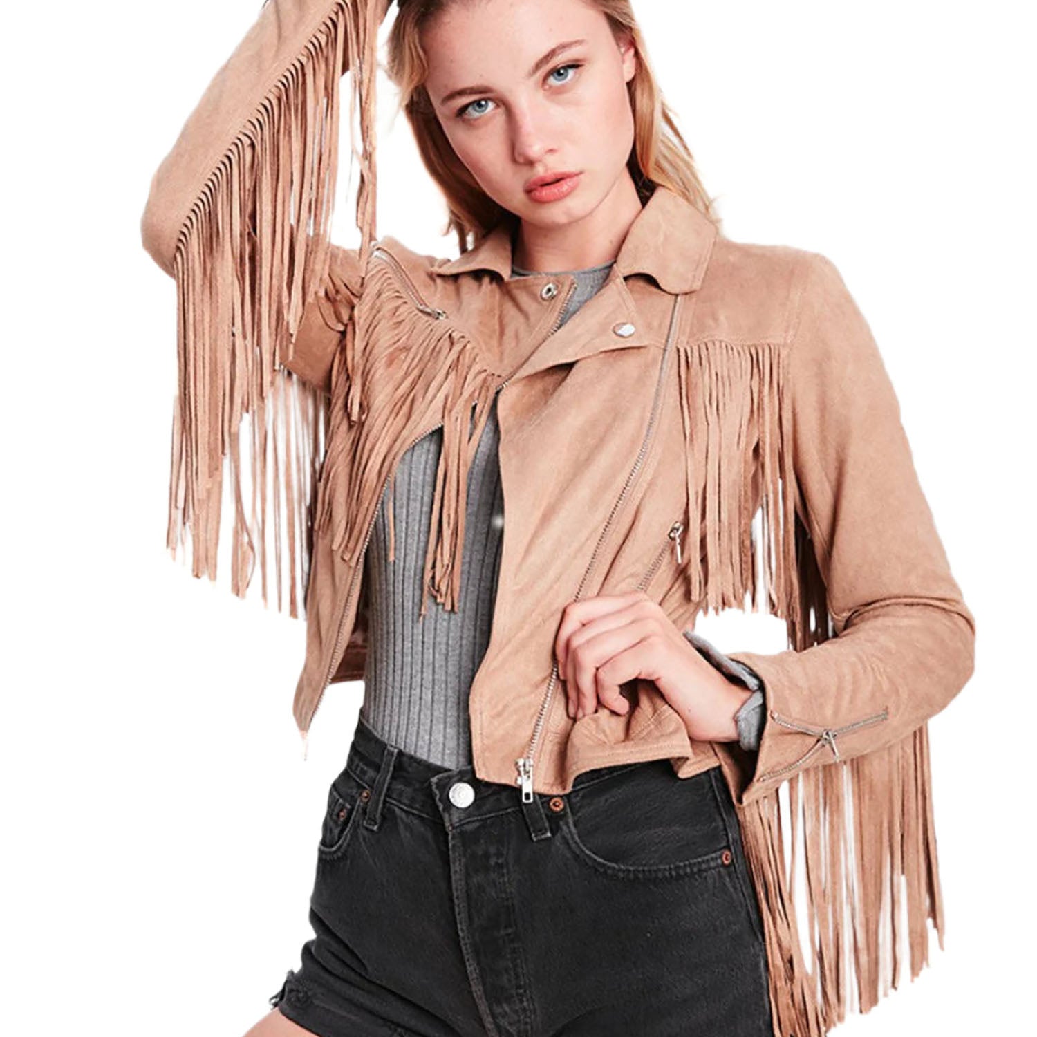 Western Fringe Beige Leather Jacket for Women Cowgirl front view