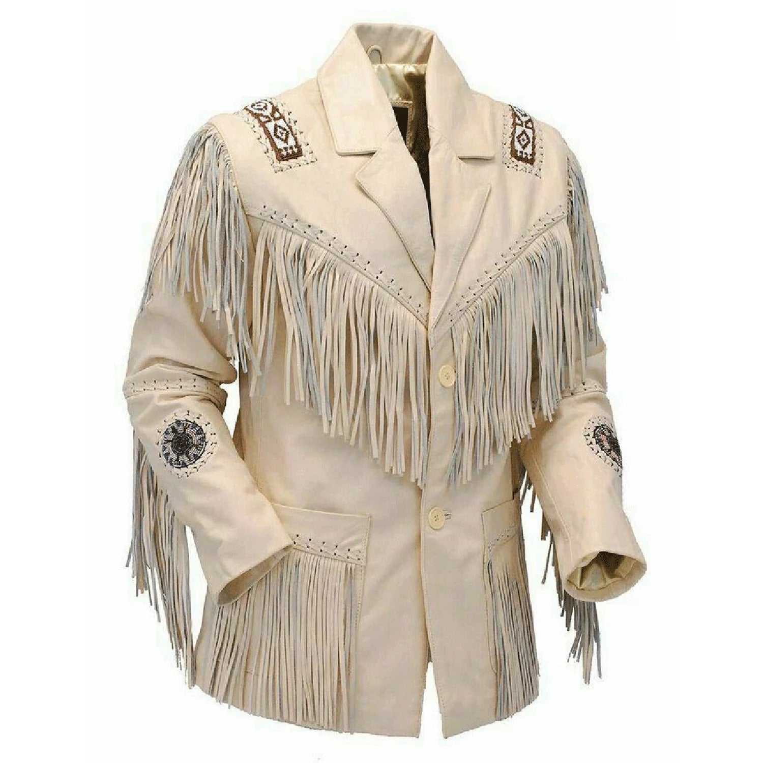 Beige leather fringe jacket, side profile