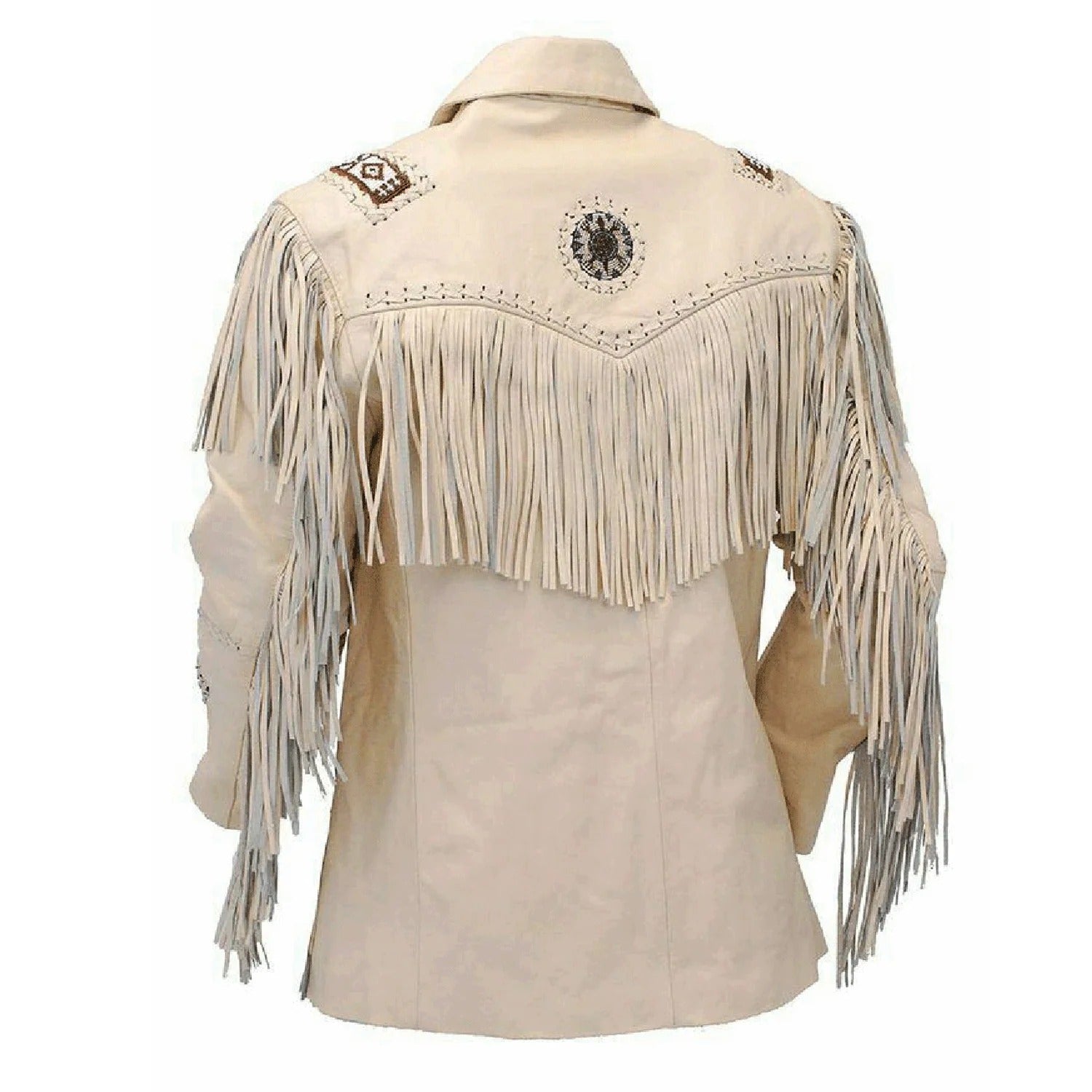 Beige leather fringe jacket, back view