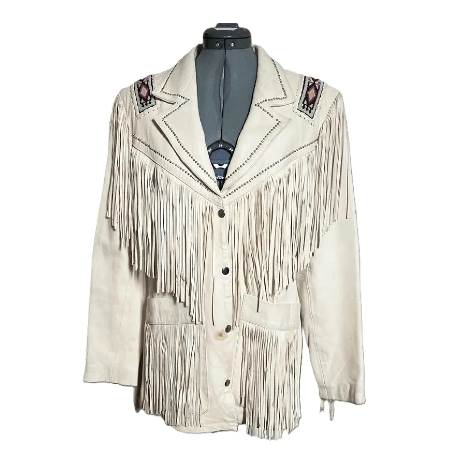 Front view of the beige leather fringe jacket for men