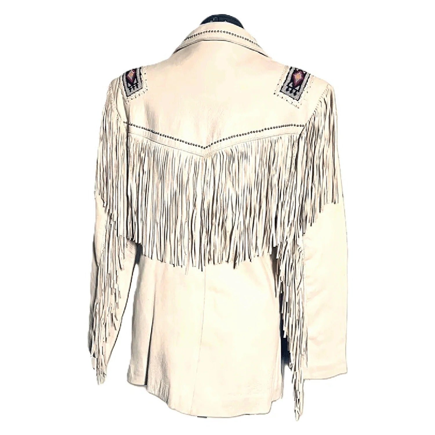 Side profile of the beige leather fringe jacket for men