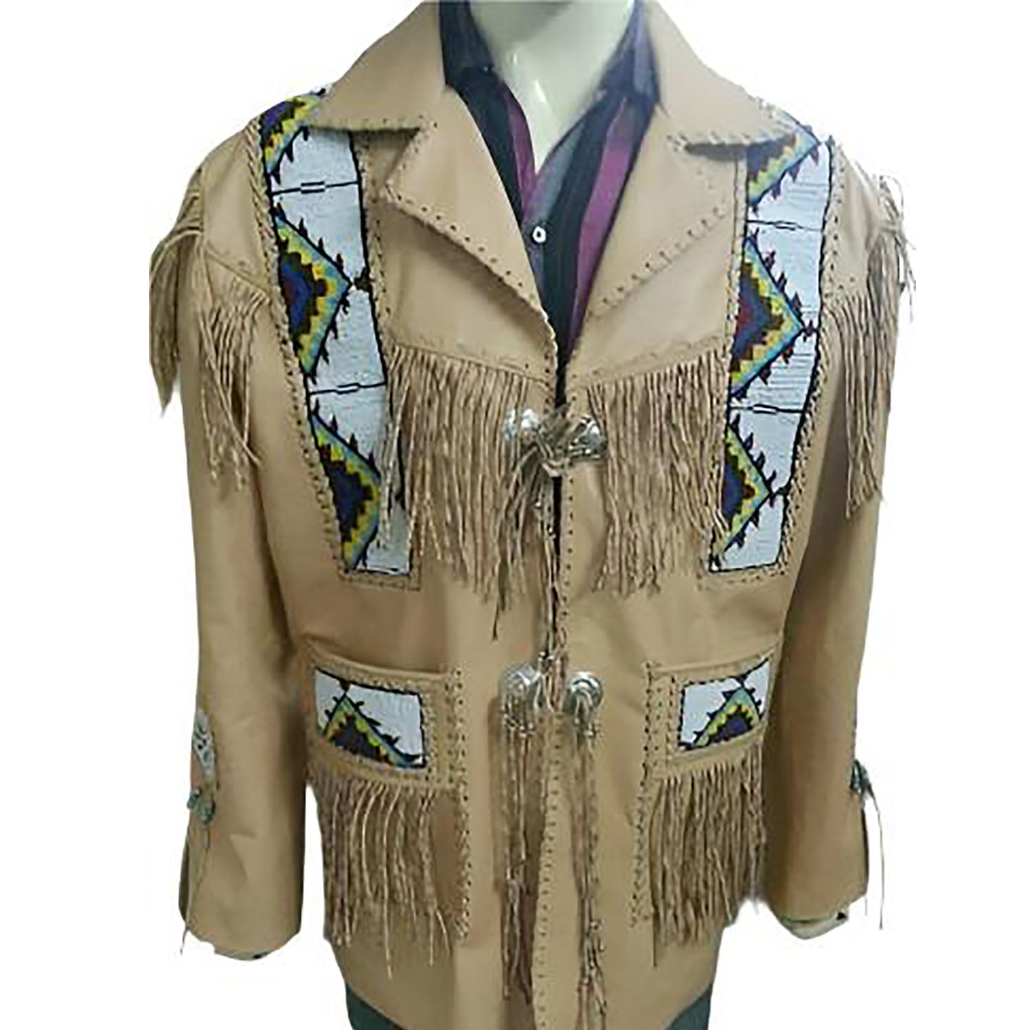 Detail shot showing the beige leather fringe jacket with beaded detailing