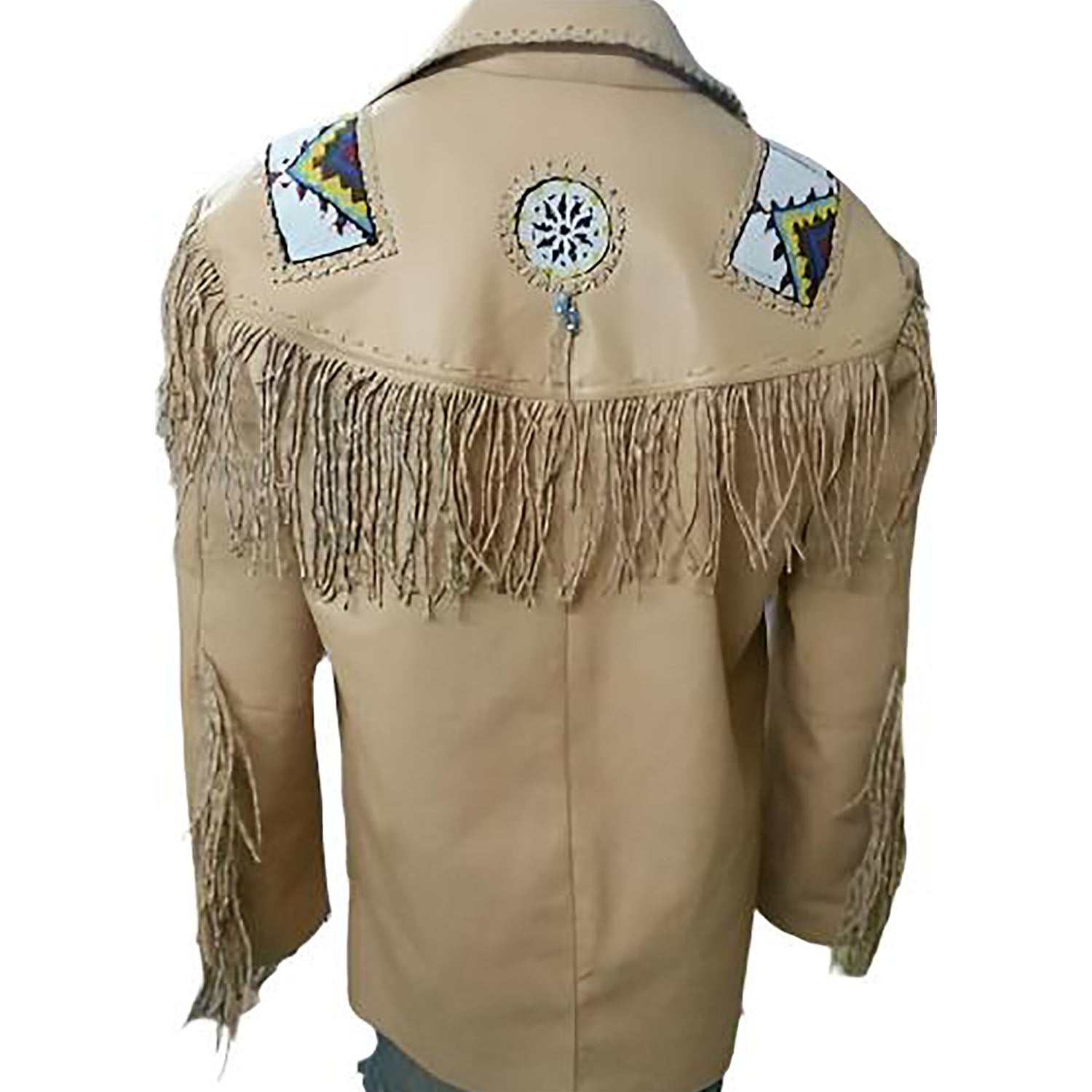 Front view showing the beige leather fringe jacket with native american design