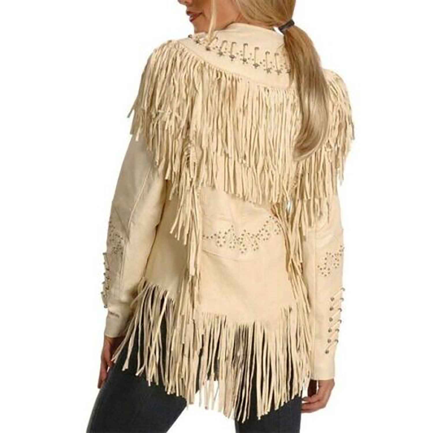 Western Fringe Beige Leather Studded Jacket for Women Cowgirl side view