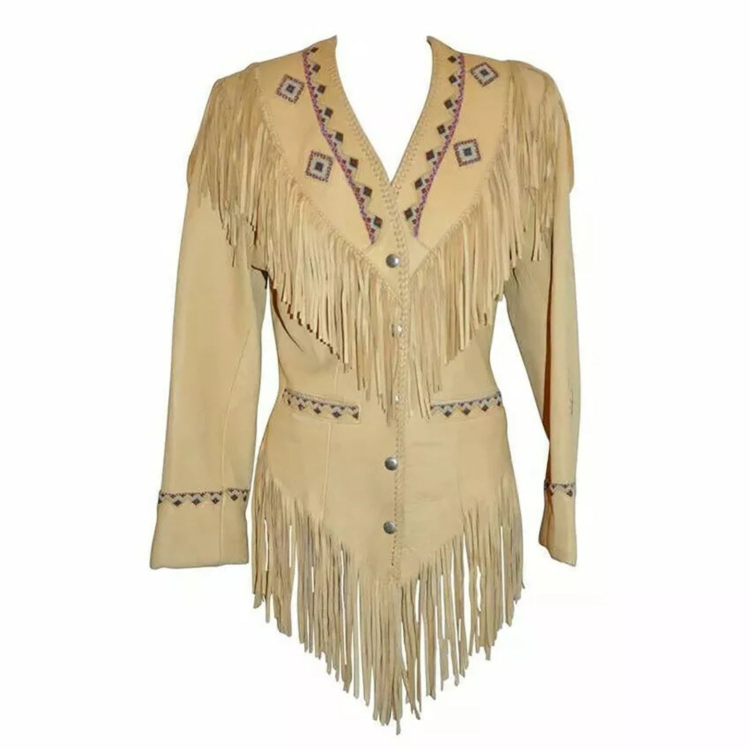 Western Fringe Beige Suede Leather Beaded Jacket for Women Cowgirl front view