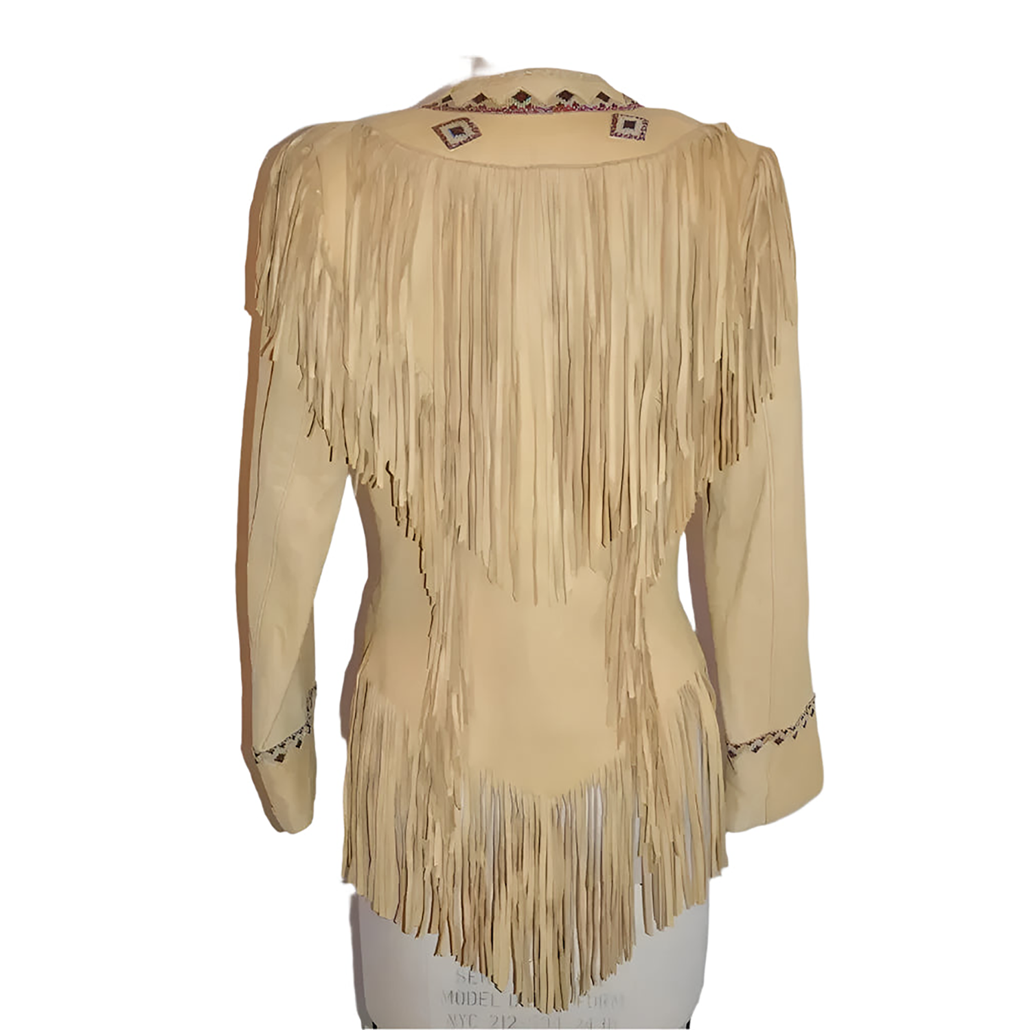 Western Fringe Beige Suede Leather Beaded Jacket for Women Cowgirl side view