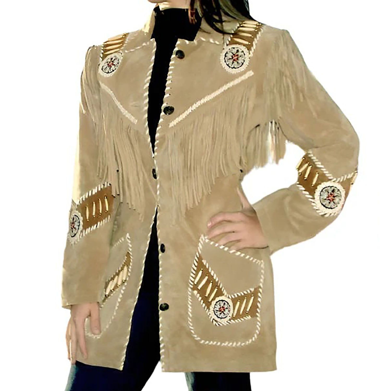 Western Fringe Beige Suede Leather Beaded Jacket for Women Cowgirl front view