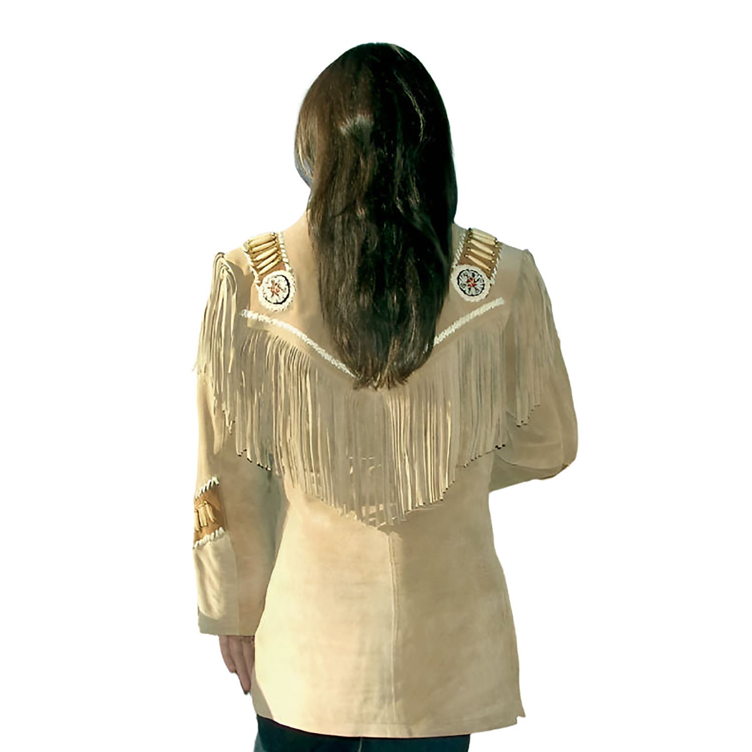 Western Fringe Beige Suede Leather Beaded Jacket for Women Cowgirl side view