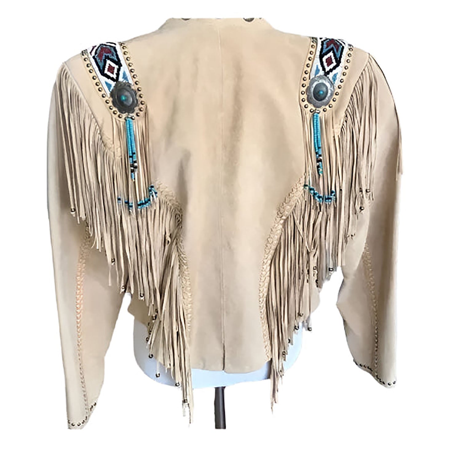 Western Fringe Beige Suede Leather Beaded Jacket for Women Cowgirl side view