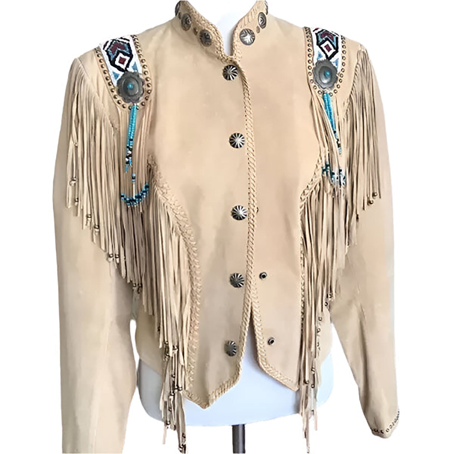 Western Fringe Beige Suede Leather Beaded Jacket for Women Cowgirl front view