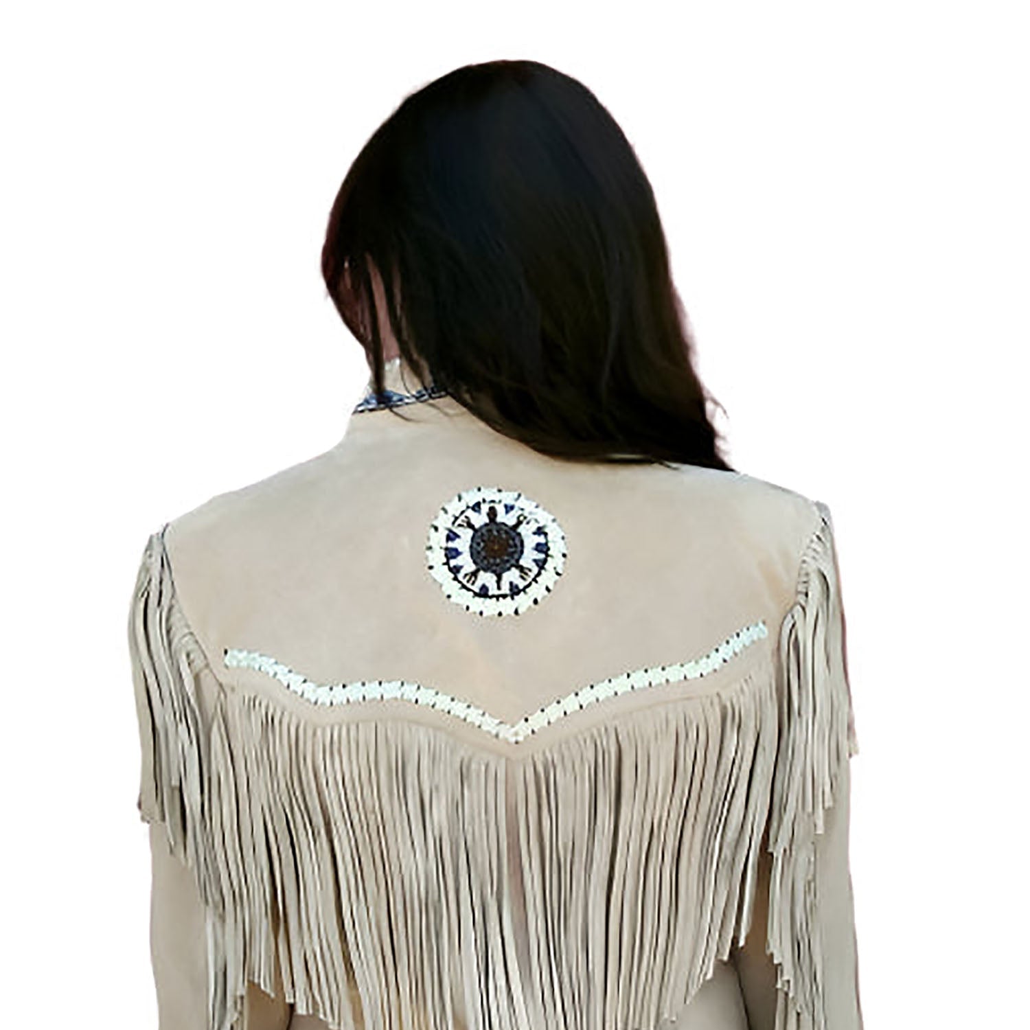 Western Fringe Beige Suede Leather Beaded Jacket for Women Cowgirl side view