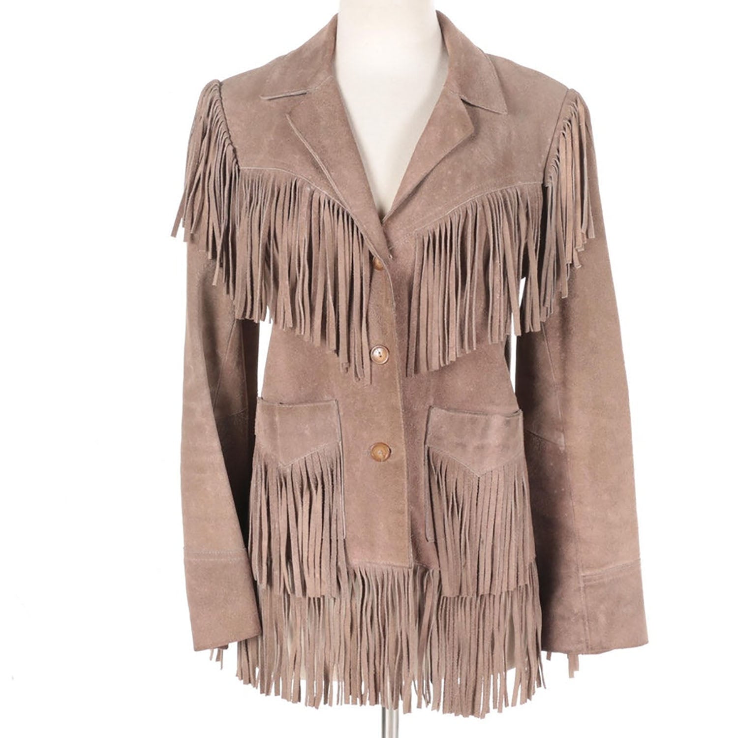 Western Fringe Beige Suede Leather Jacket Coat for Women Cowgirl front view