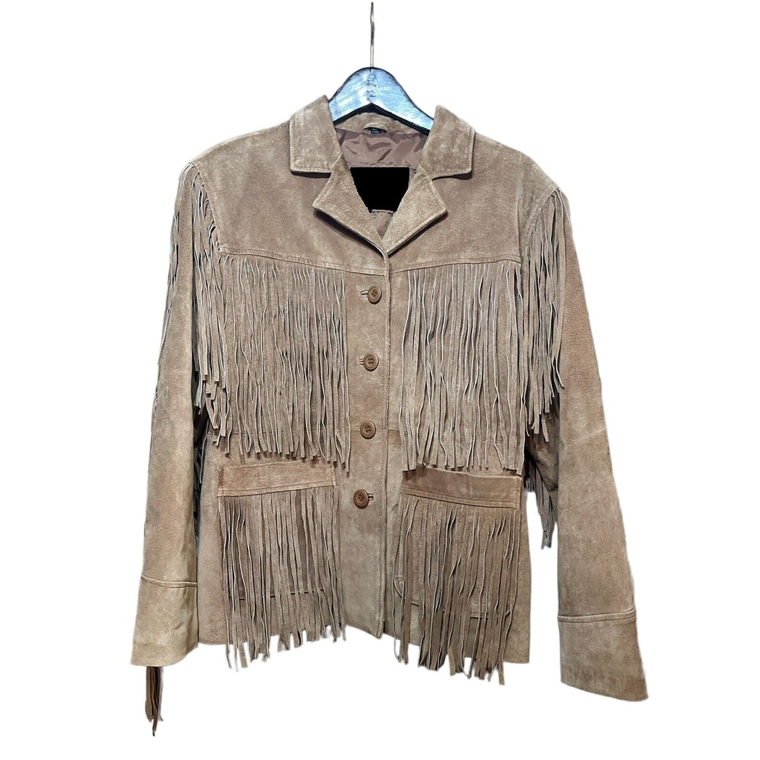 Western Fringe Beige Suede Leather Jacket Coat for Women Cowgirl front view