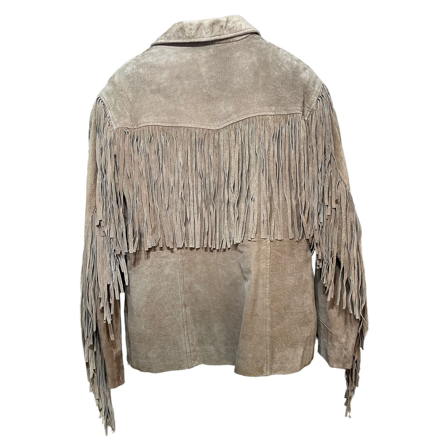 Western Fringe Beige Suede Leather Jacket Coat for Women Cowgirl side view