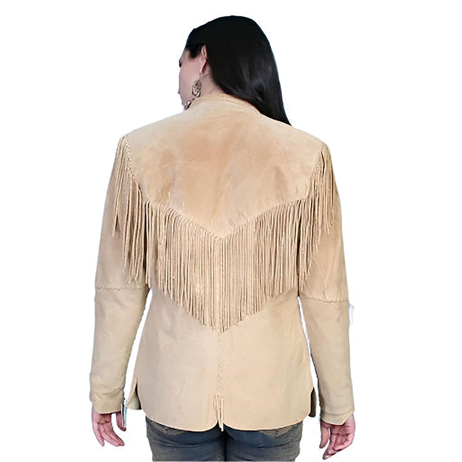 Western Fringe Beige Suede Leather Jacket Coat for Women Cowgirl side view