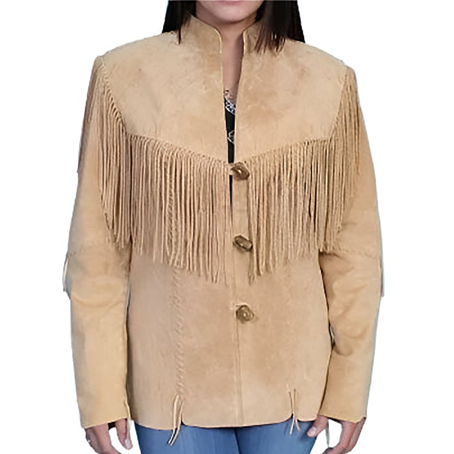 Western Fringe Beige Suede Leather Jacket Coat for Women Cowgirl front view