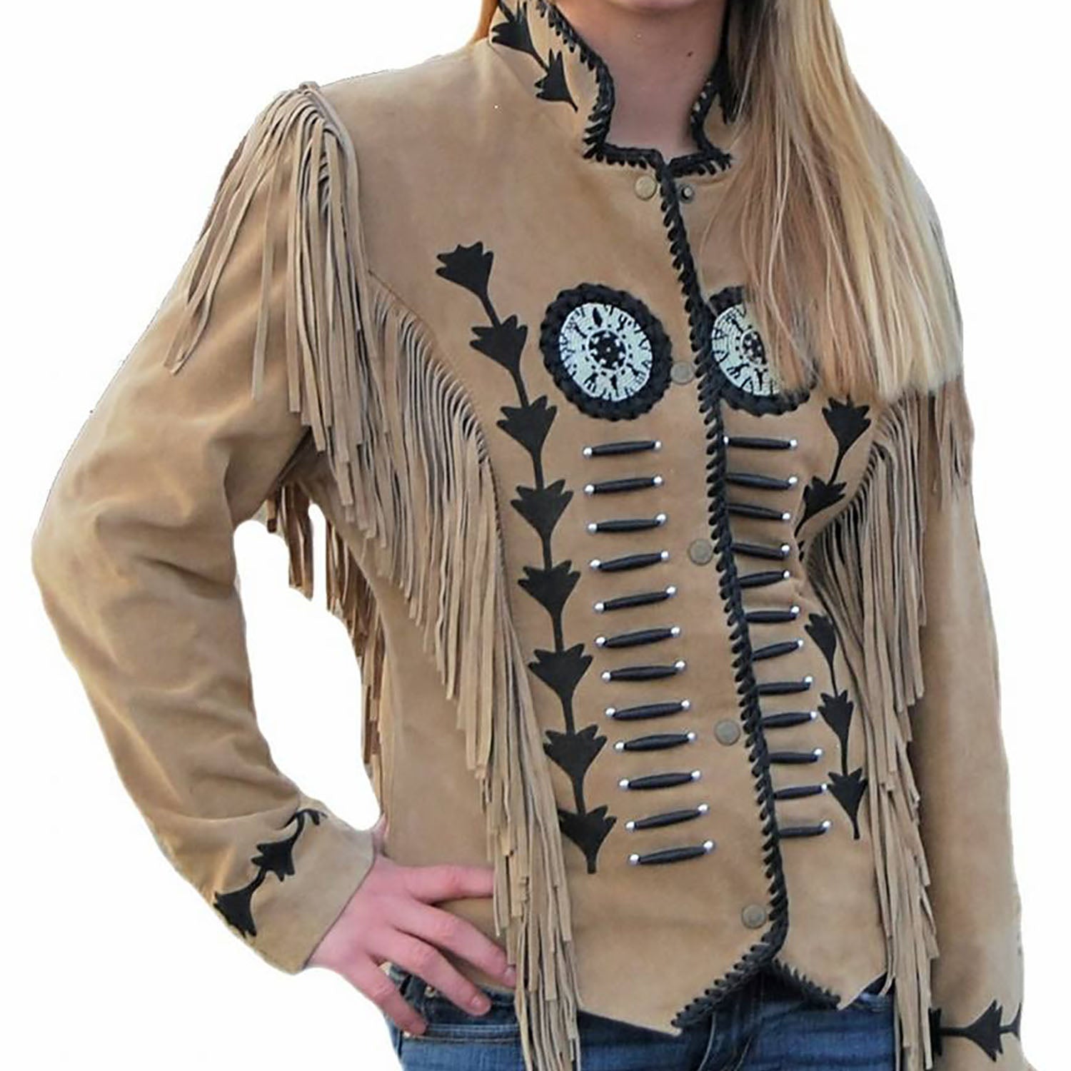 Western Fringe Beige Suede Leather Jacket for Women Cowgirl front view