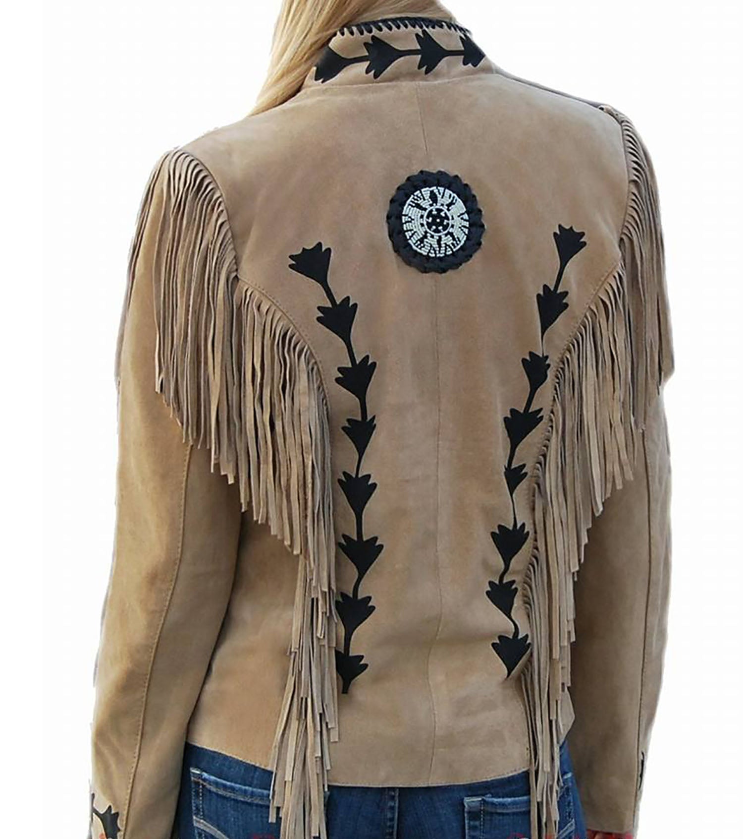 Western Fringe Beige Suede Leather Jacket for Women Cowgirl side view