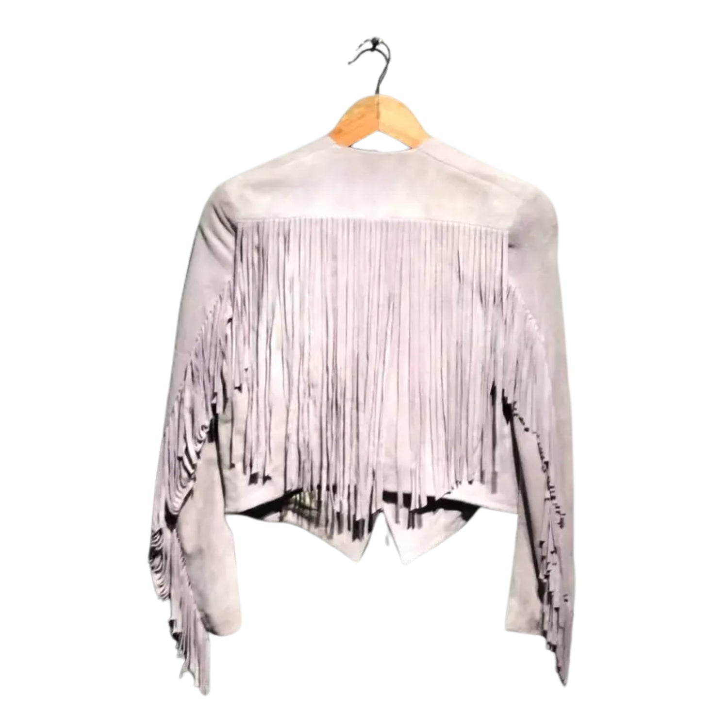 Western Fringe Beige Suede Leather Jacket for Women Cowgirl side view