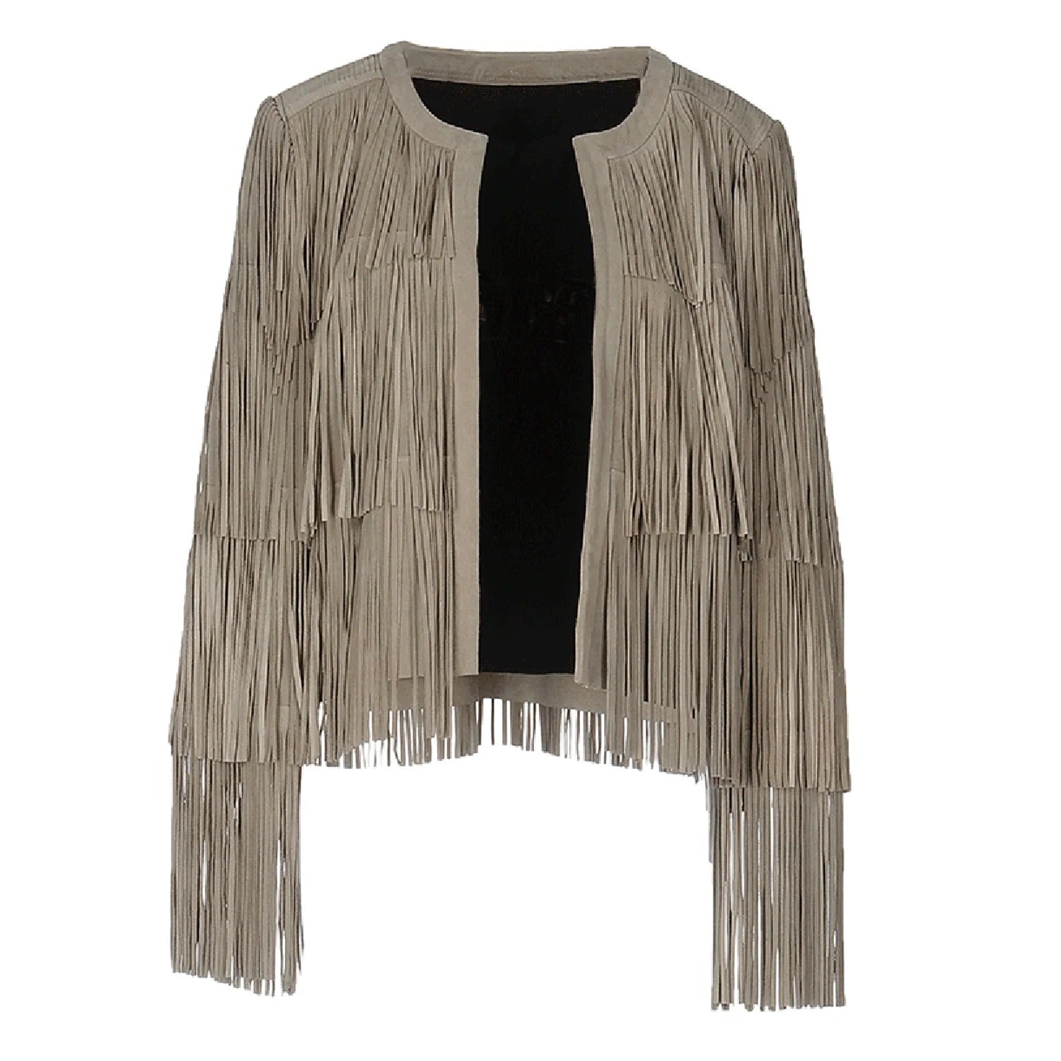 Western Fringe Beige Suede Leather Jacket for Women Cowgirl front view