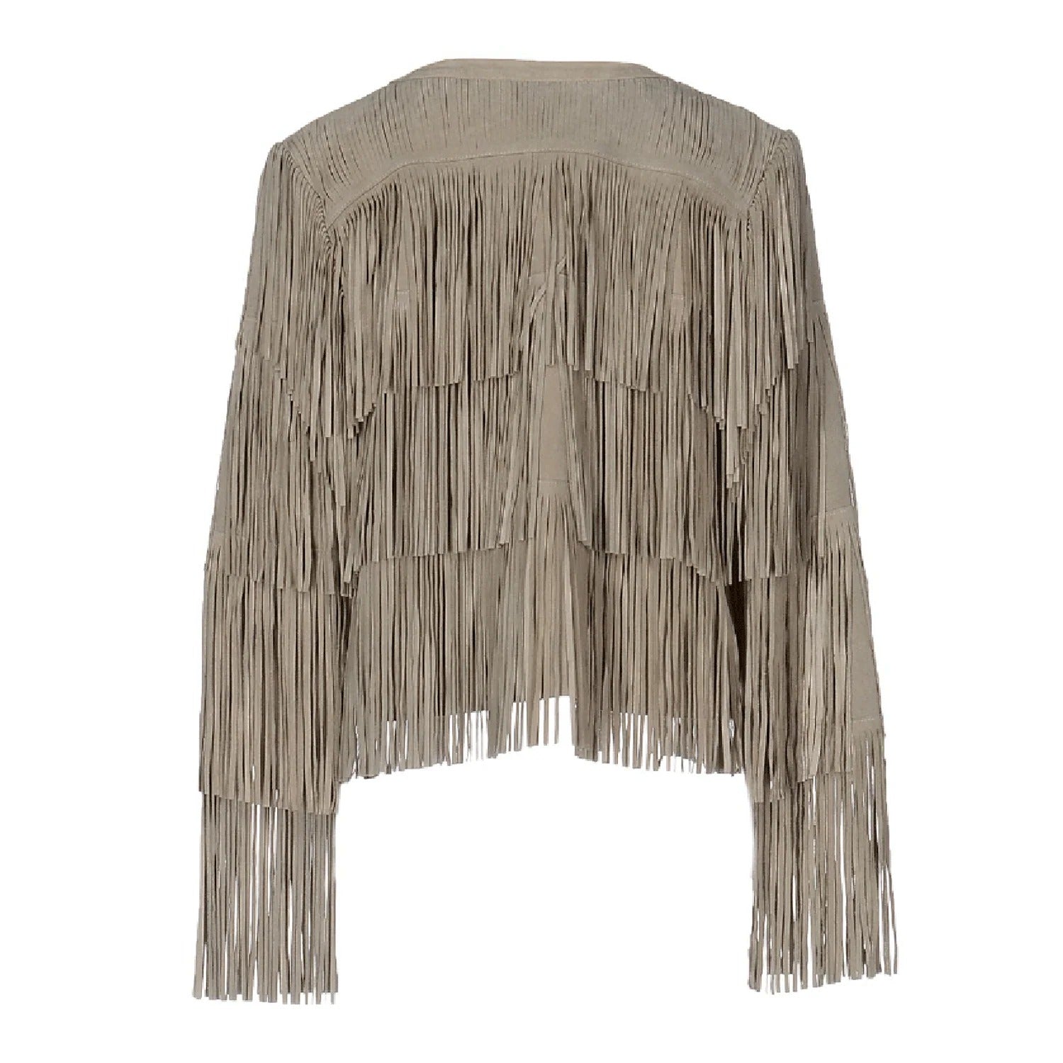Western Fringe Beige Suede Leather Jacket for Women Cowgirl side view