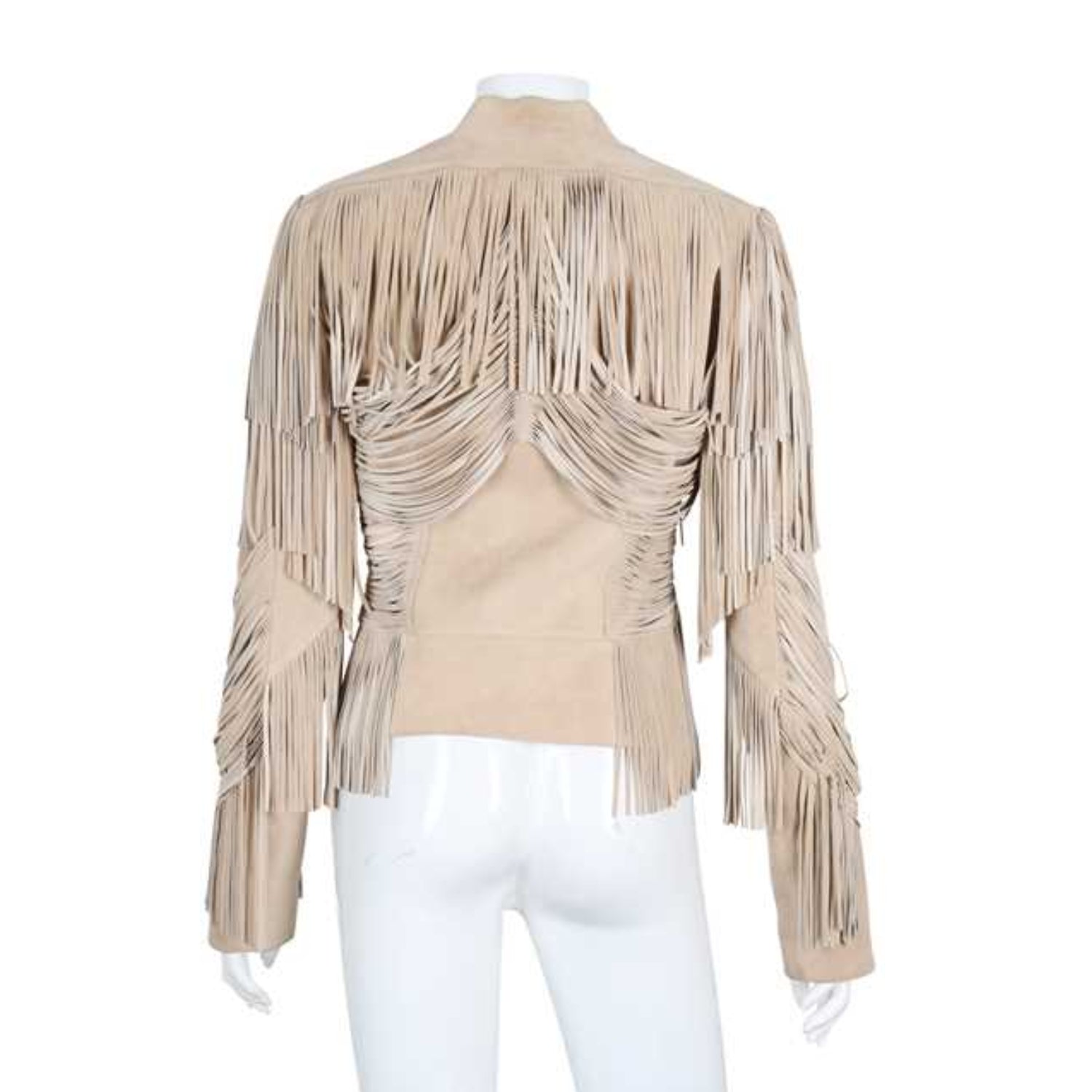 Western Fringe Beige Suede Leather Jacket for Women Cowgirl side view