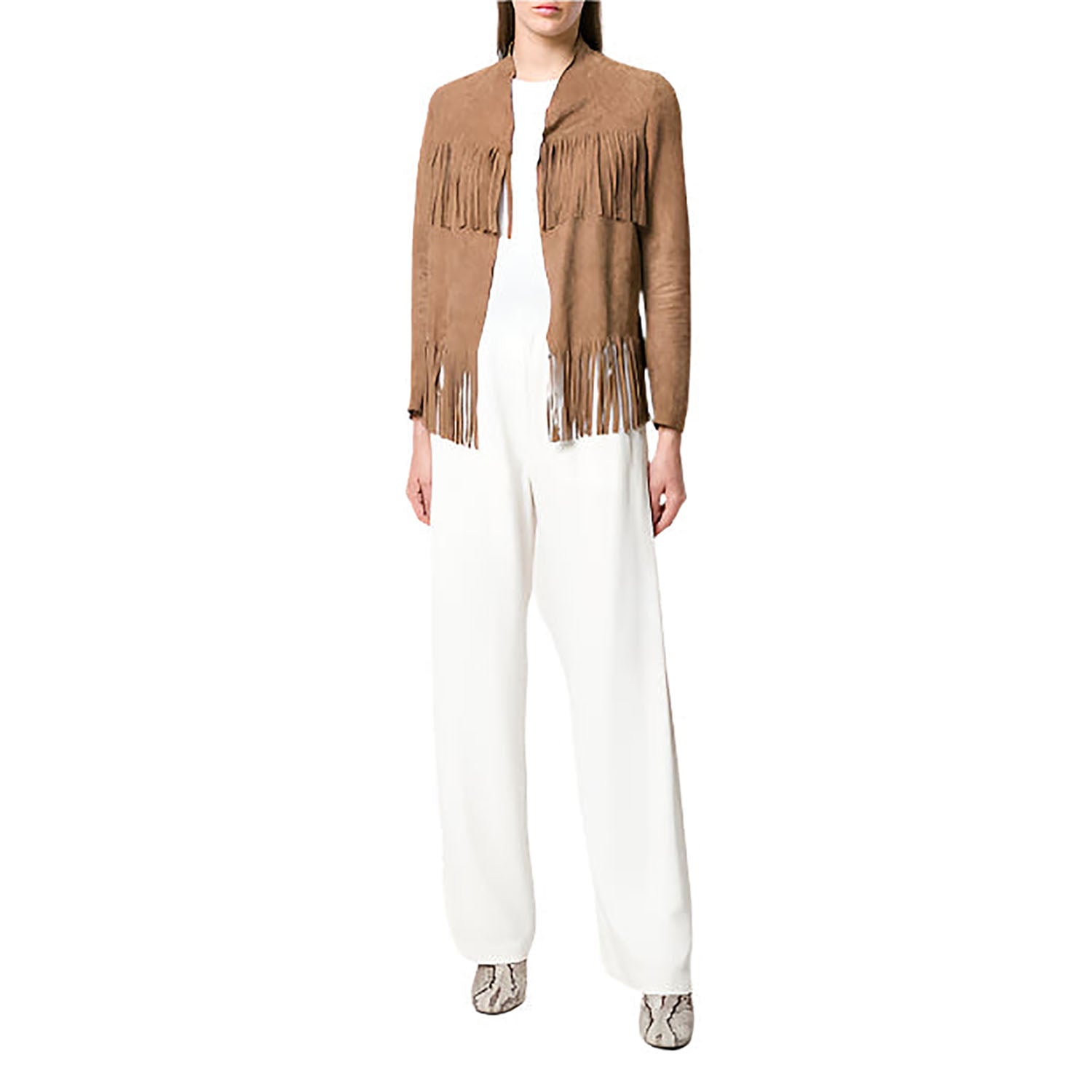 Western Fringe Beige Suede Leather Jacket for Women Cowgirl side view