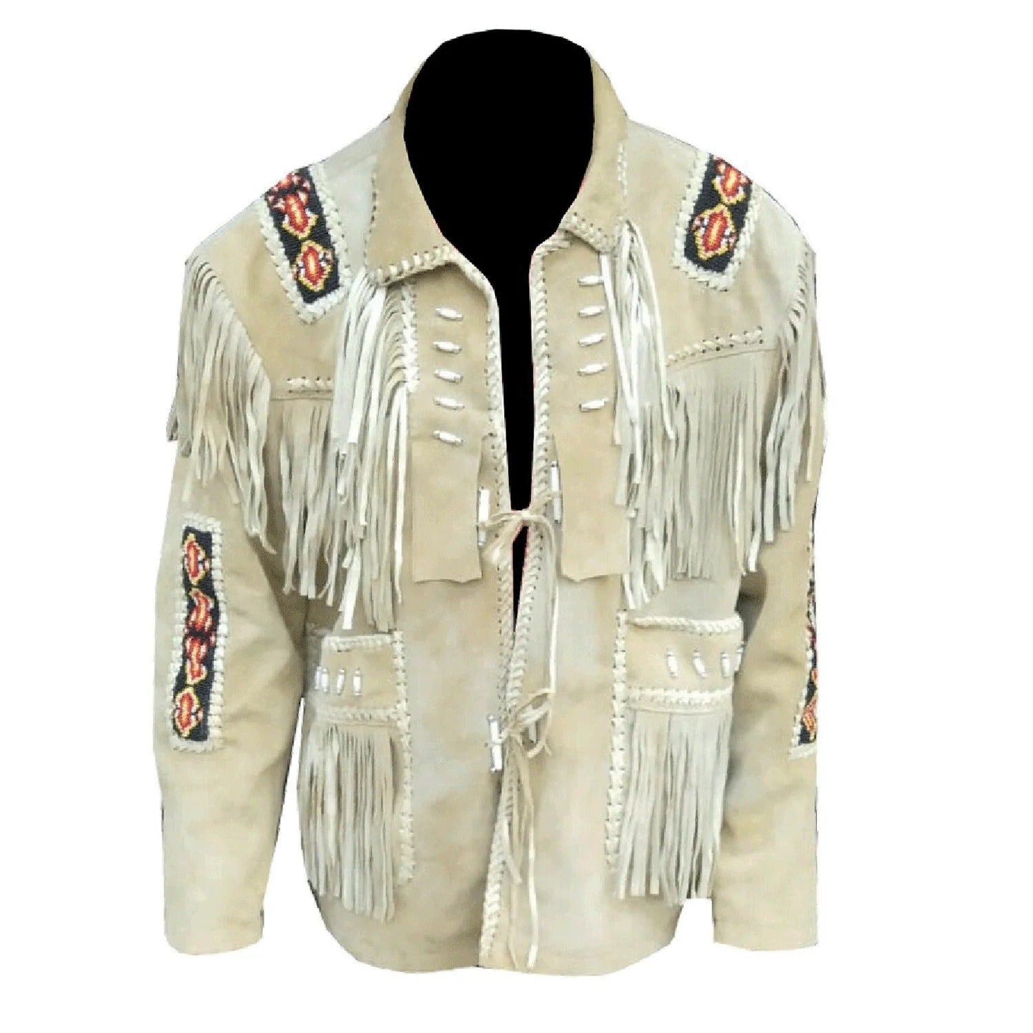 The beige suede leather fringe jacket, pictured in full display