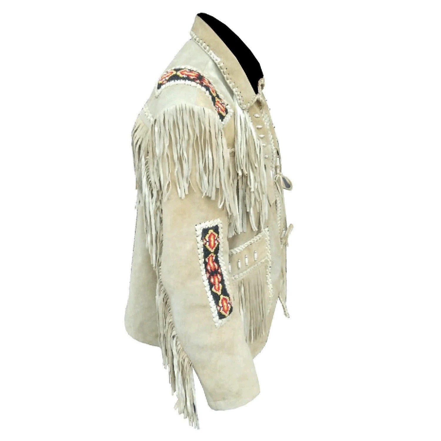 The beige suede leather fringe jacket, pictured in detail