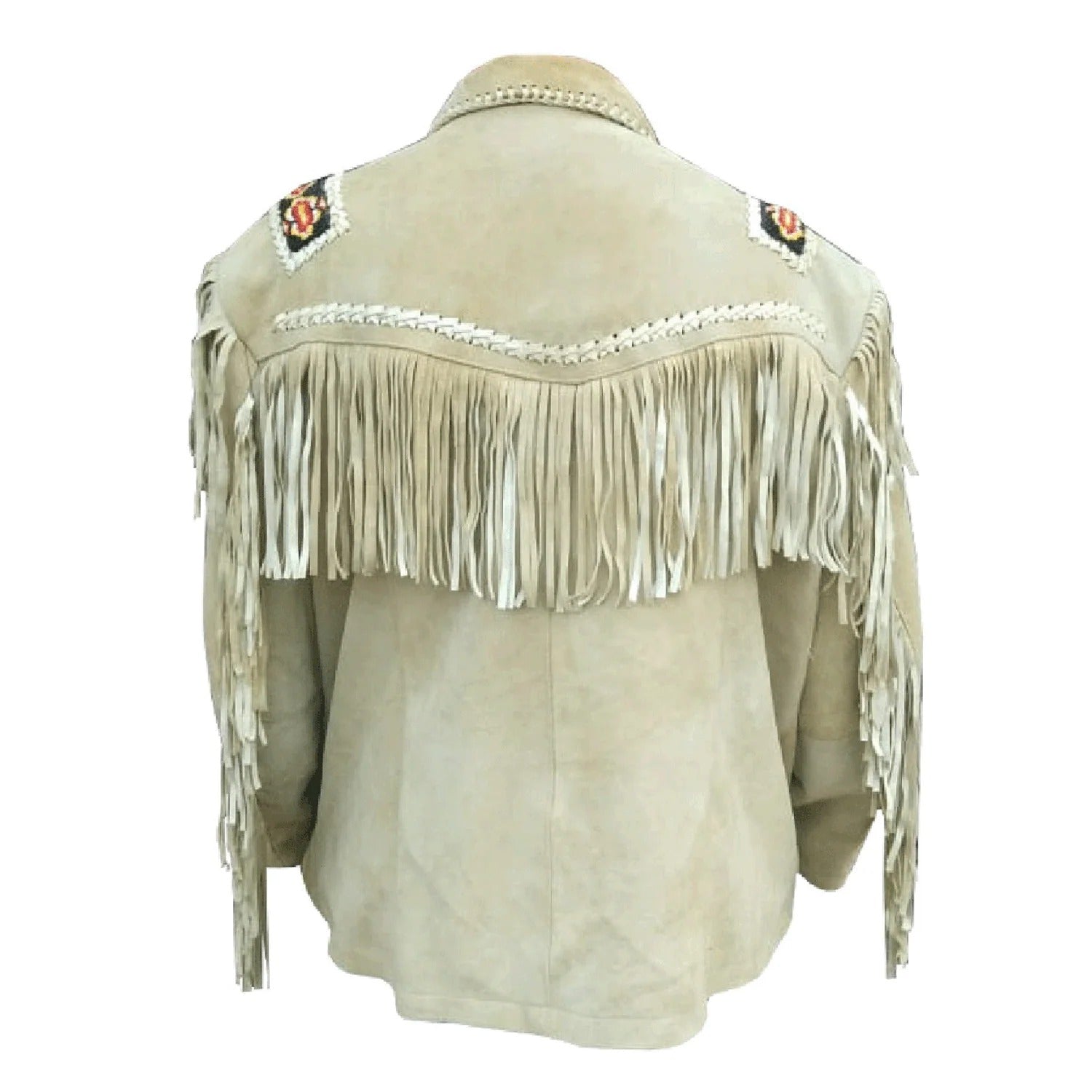 The beige suede leather fringe jacket, pictured from the front