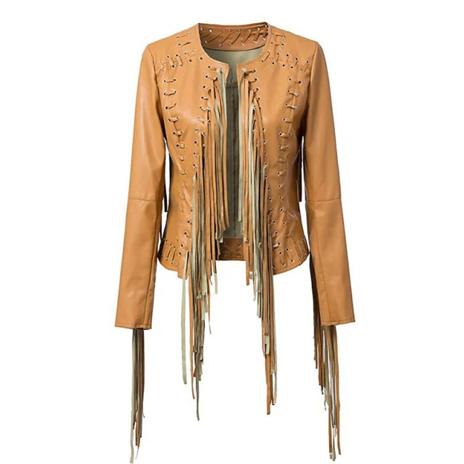 Western Fringe Black Leather Eyelets Jacket for Women Cowgirl back view