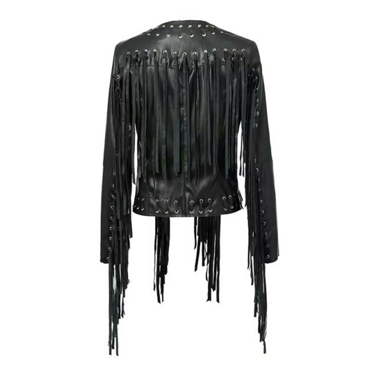 Western Fringe Black Leather Eyelets Jacket for Women Cowgirl side view