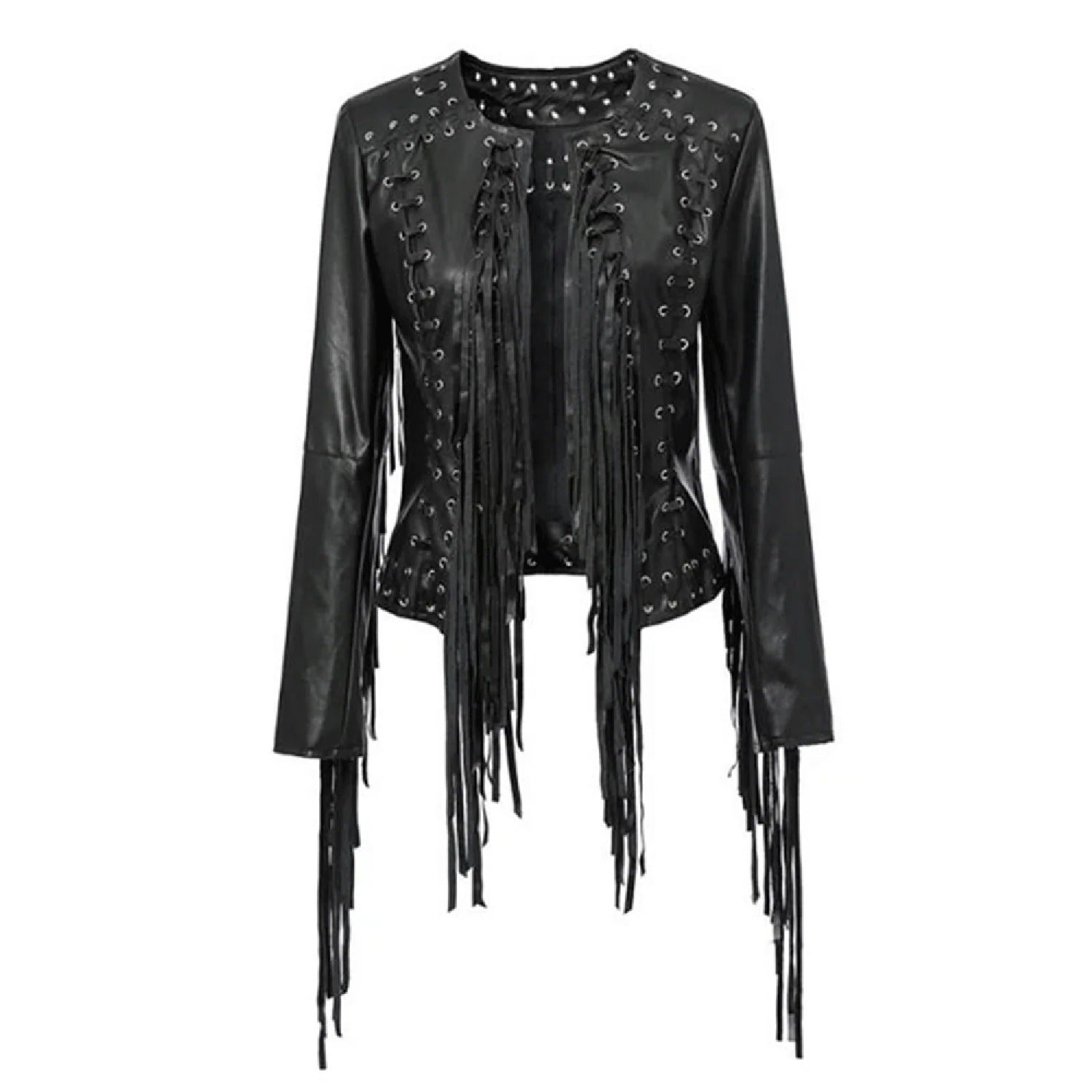 Western Fringe Black Leather Eyelets Jacket for Women Cowgirl front view