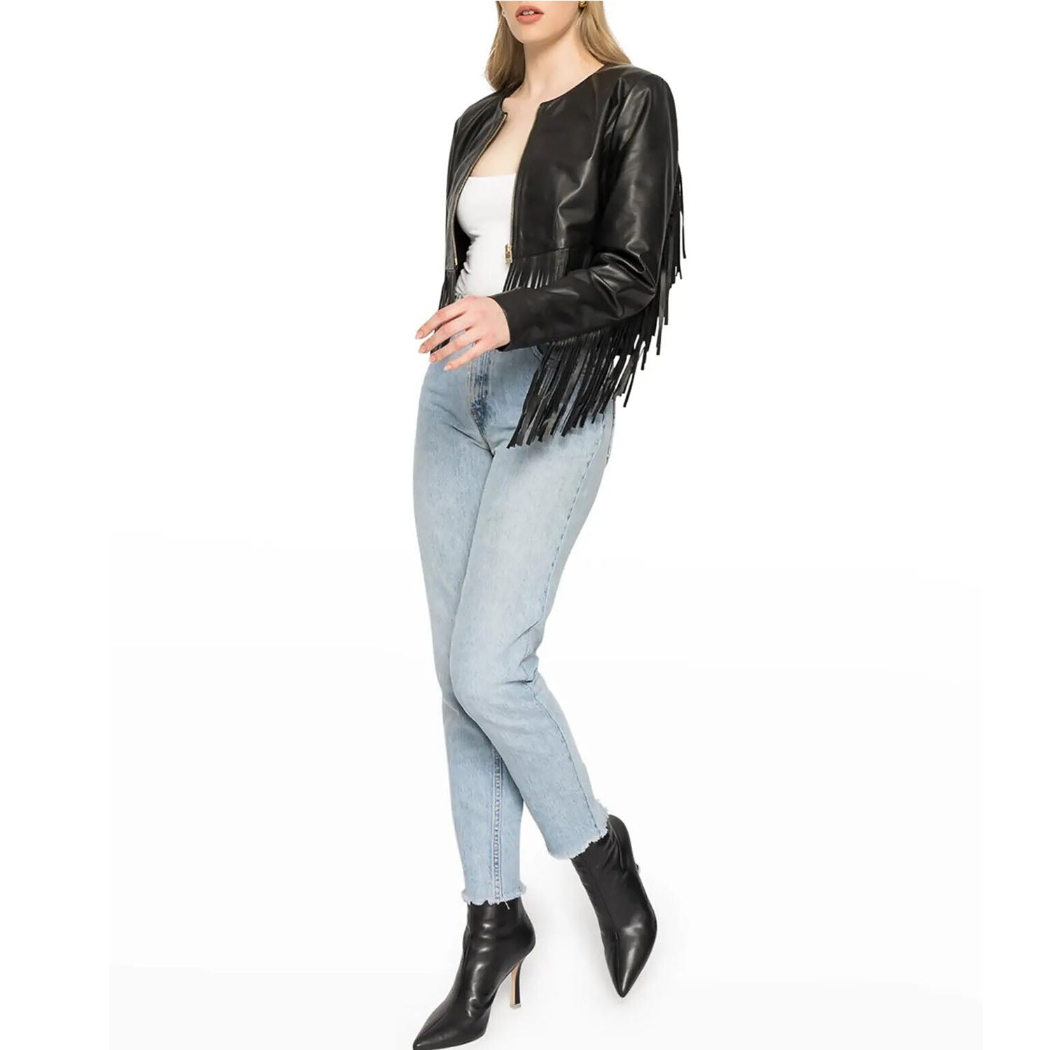 Western Fringe Black Leather Jacket for Biker Women Cowgirl side view