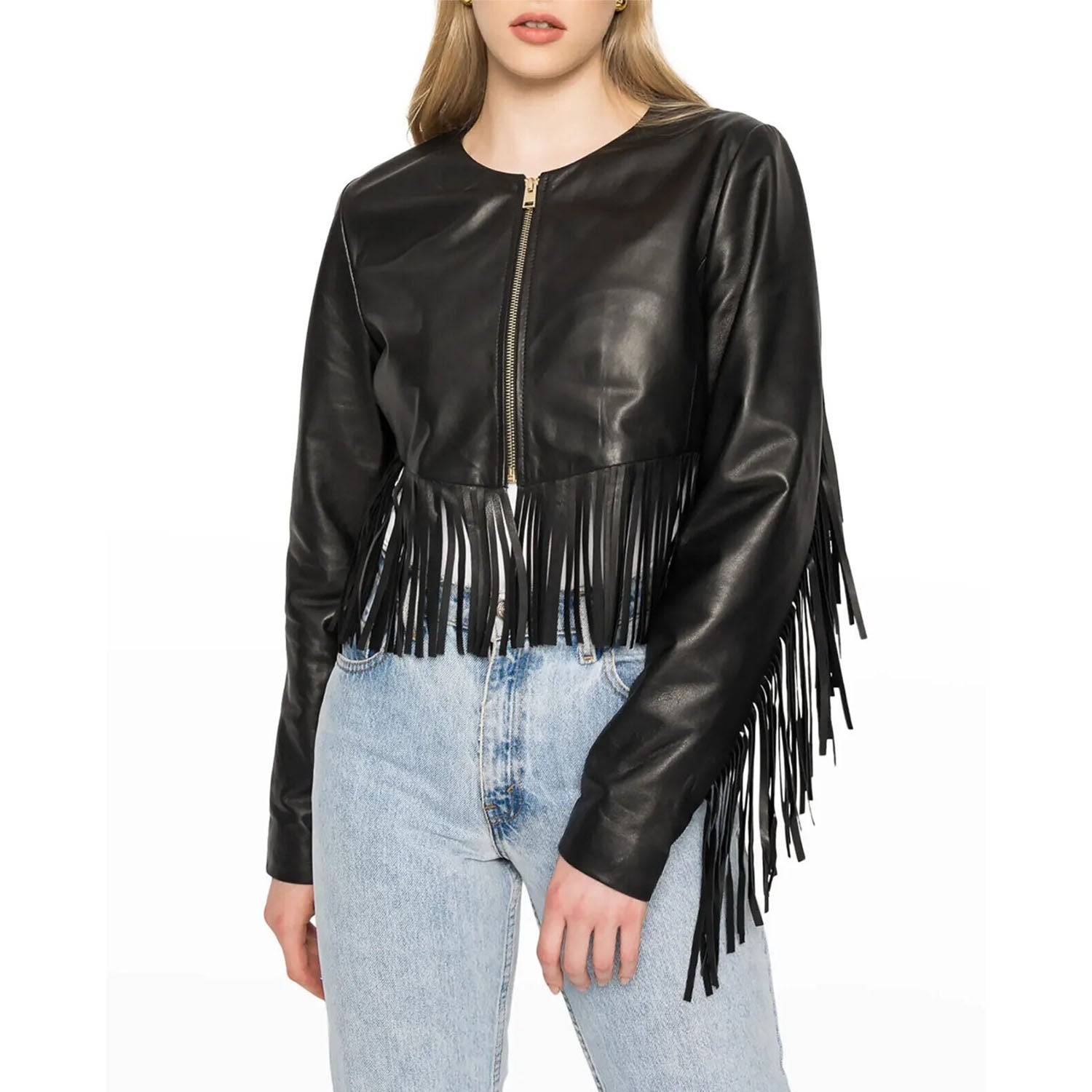 Western Fringe Black Leather Jacket for Biker Women Cowgirl front view
