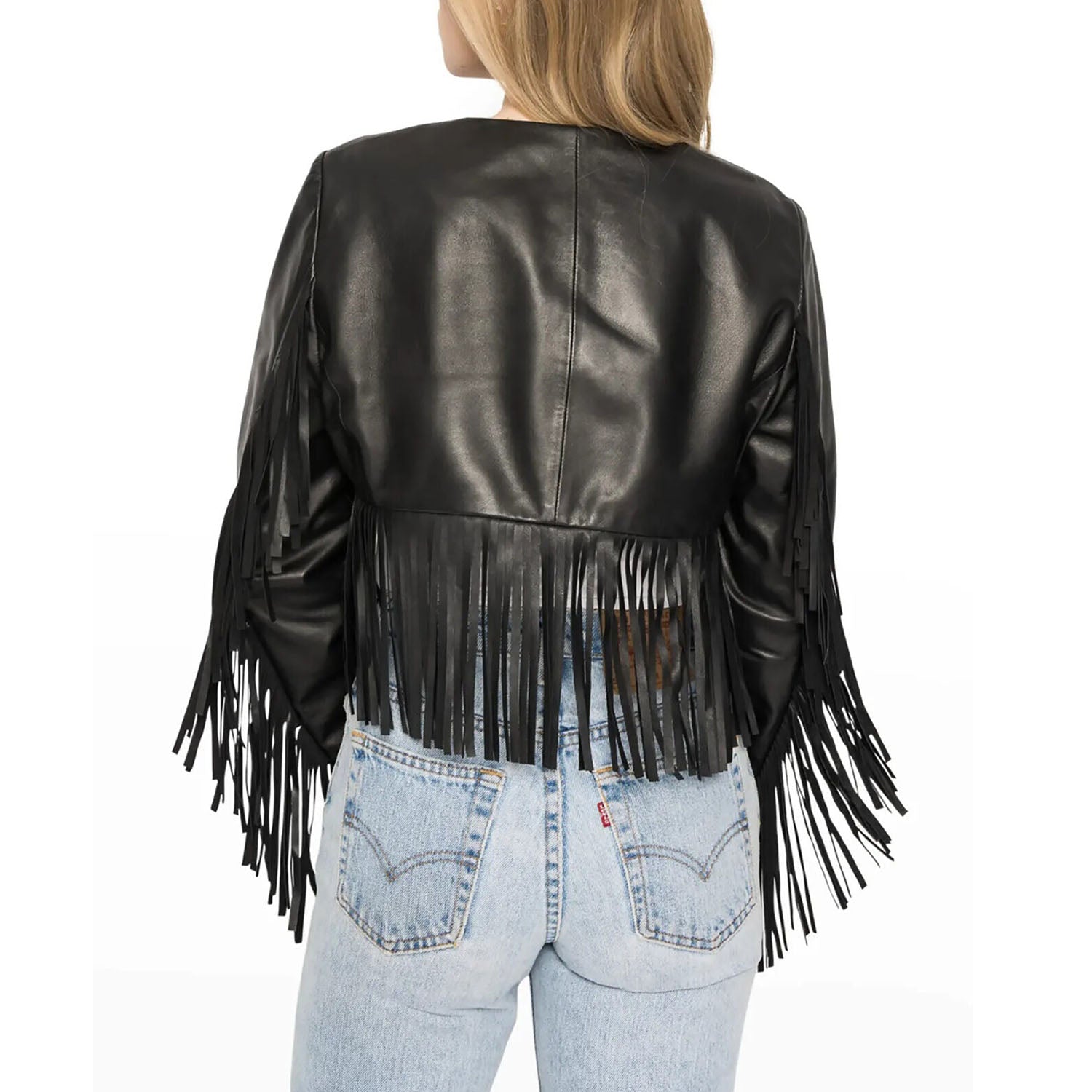 Western Fringe Black Leather Jacket for Biker Women Cowgirl back view