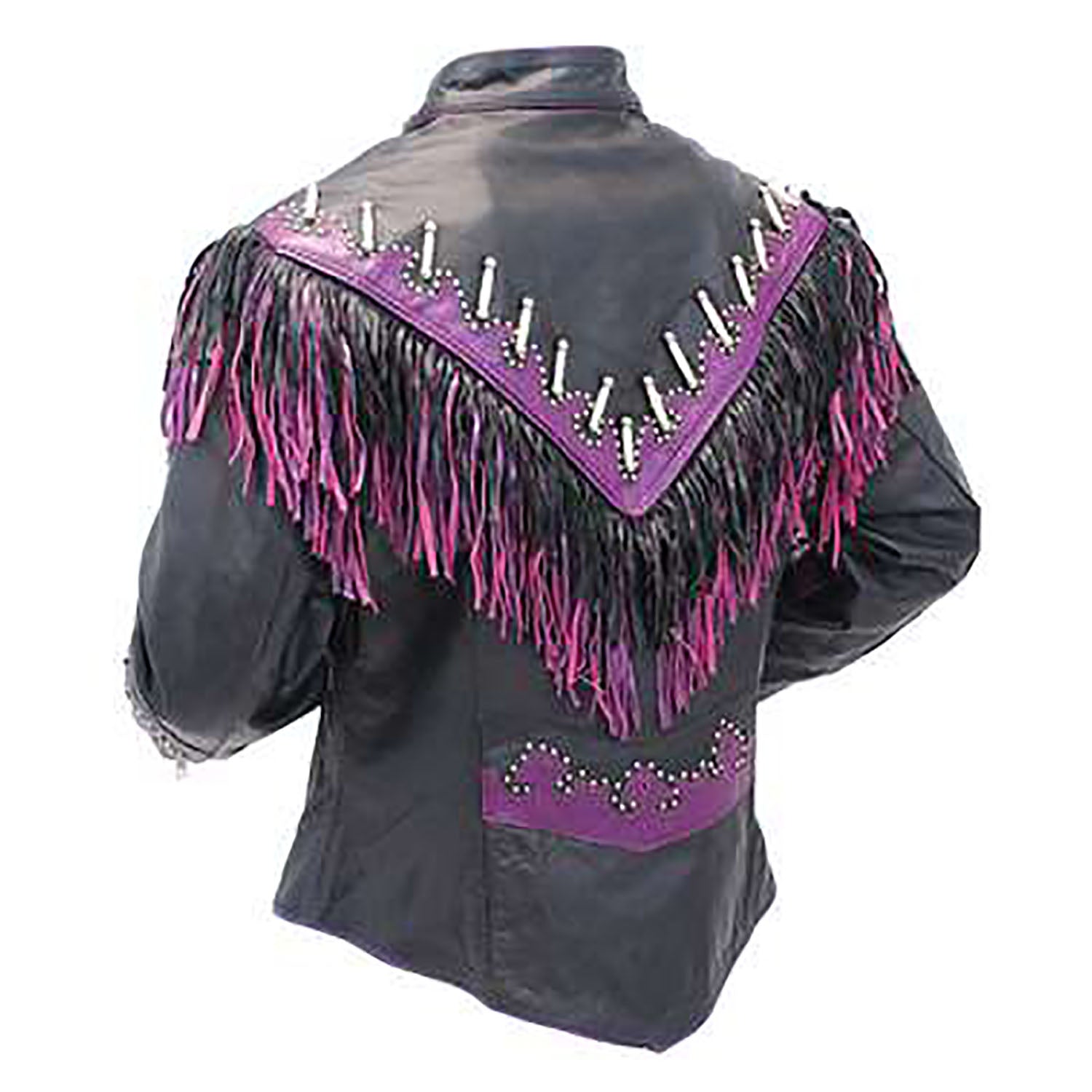 Western Fringe Black Leather Jacket for Women Cowgirl Biker Jacket side view