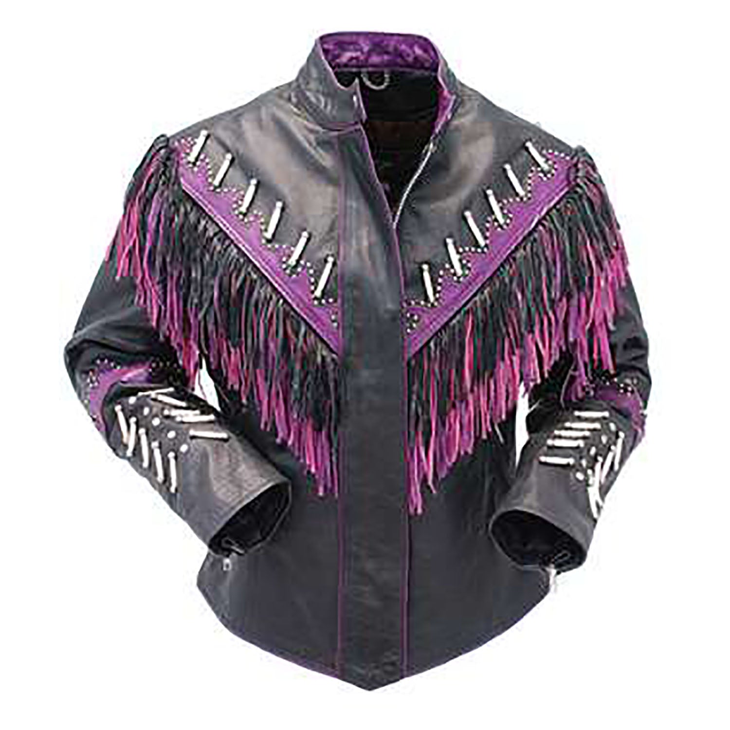 Western Fringe Black Leather Jacket for Women Cowgirl Biker Jacket front view