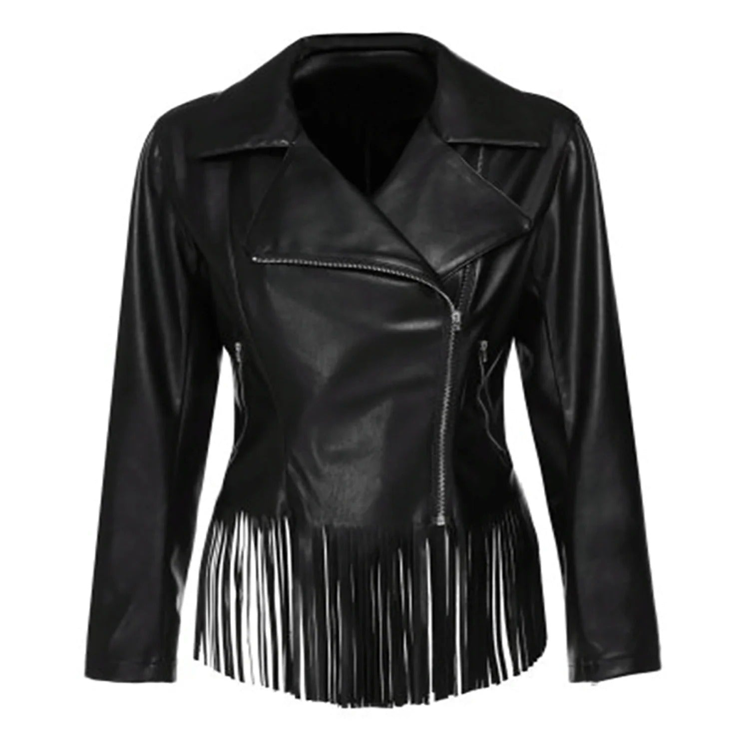 Western Fringe Black Leather Jacket for Women Cowgirl front view
