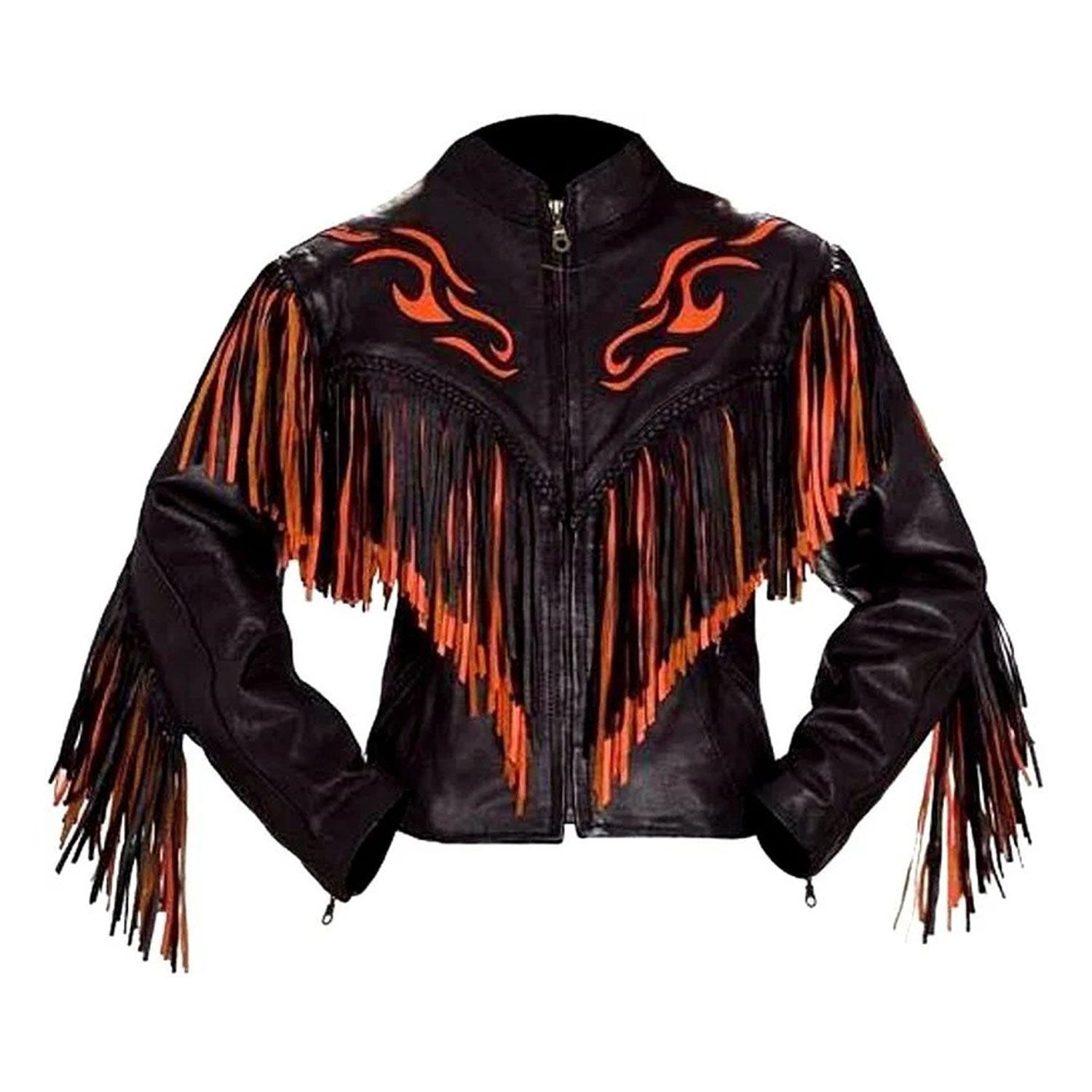 Western Fringe Black Leather Jacket for Women Cowgirl front view