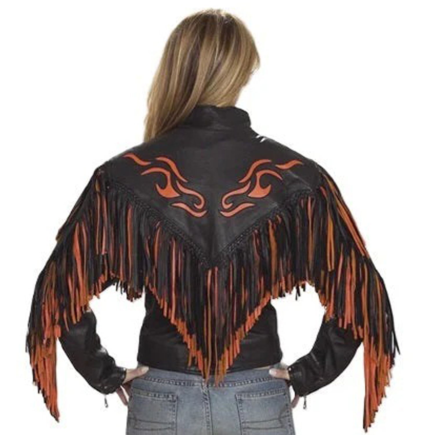 Western Fringe Black Leather Jacket for Women Cowgirl side view