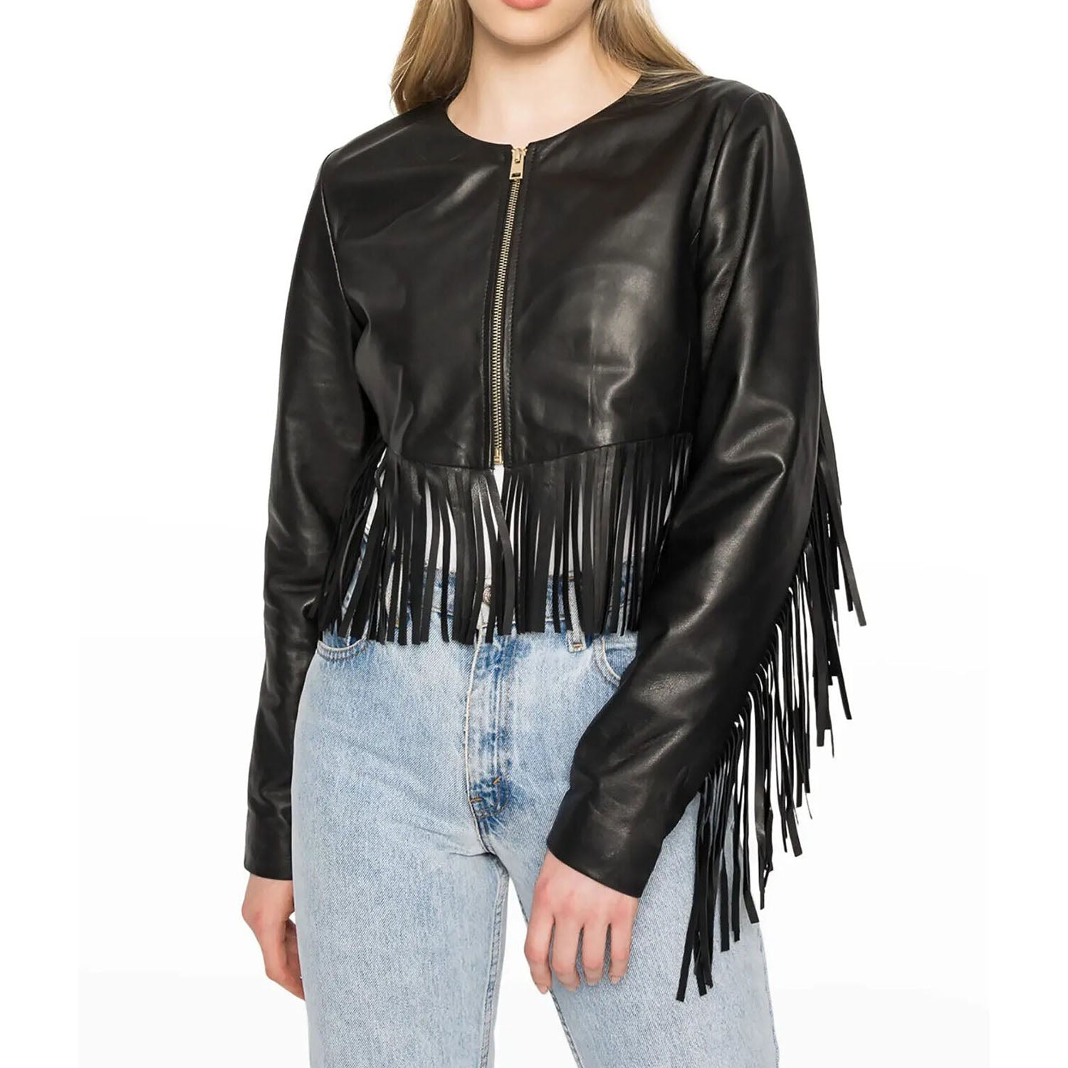 Western Fringe Black Leather Jacket for Women Cowgirl front view