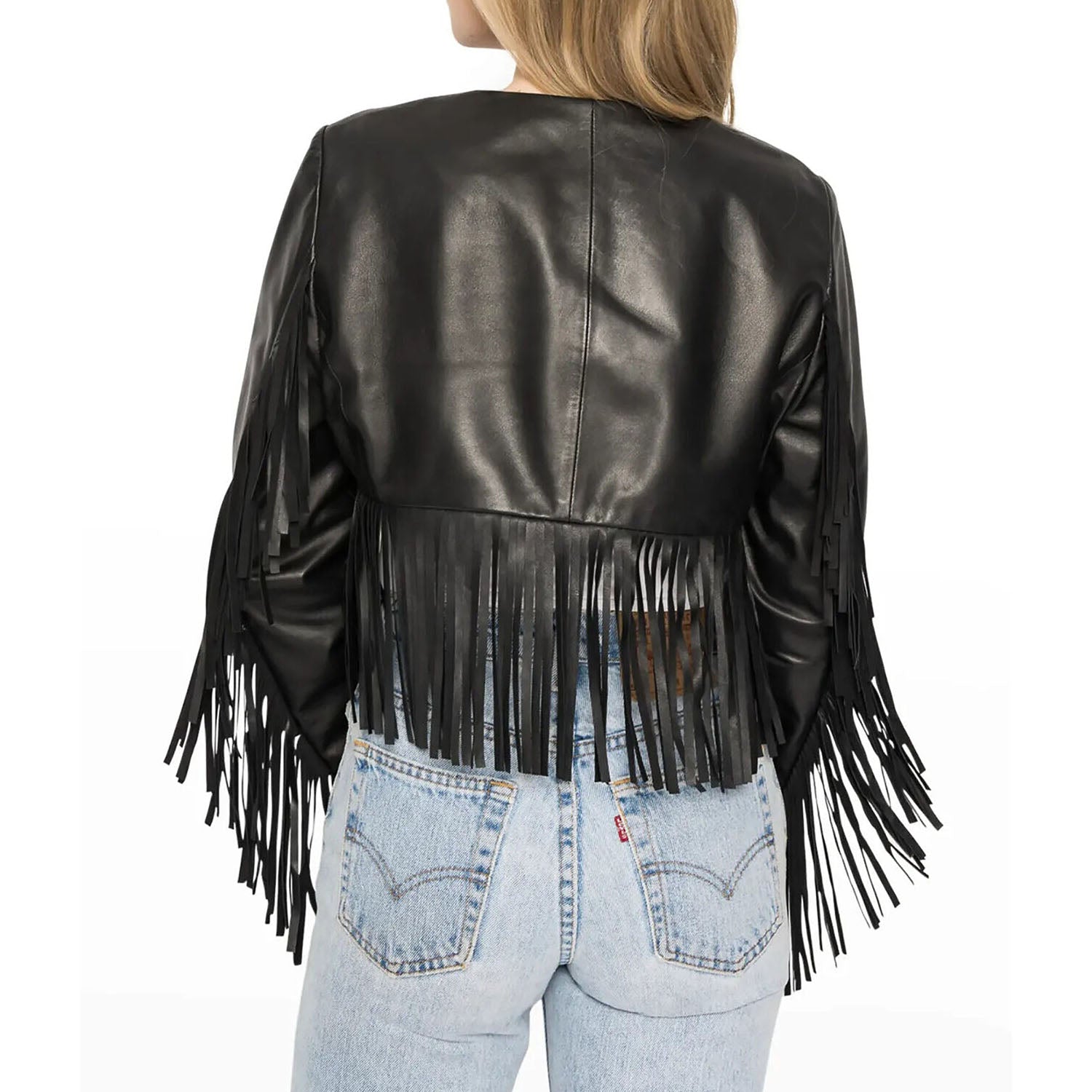 Western Fringe Black Leather Jacket for Women Cowgirl side view
