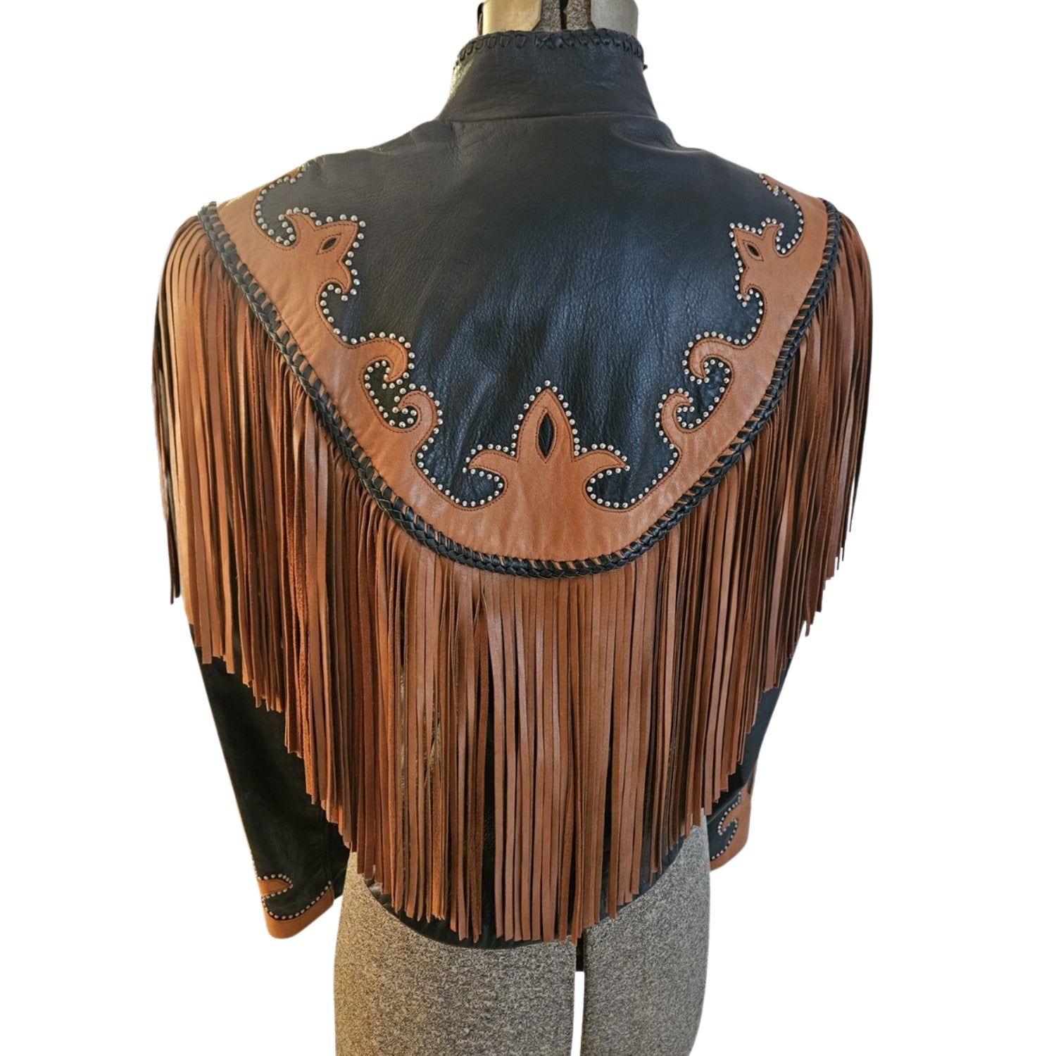 Western Fringe Black Leather Jacket for Women Cowgirl back view