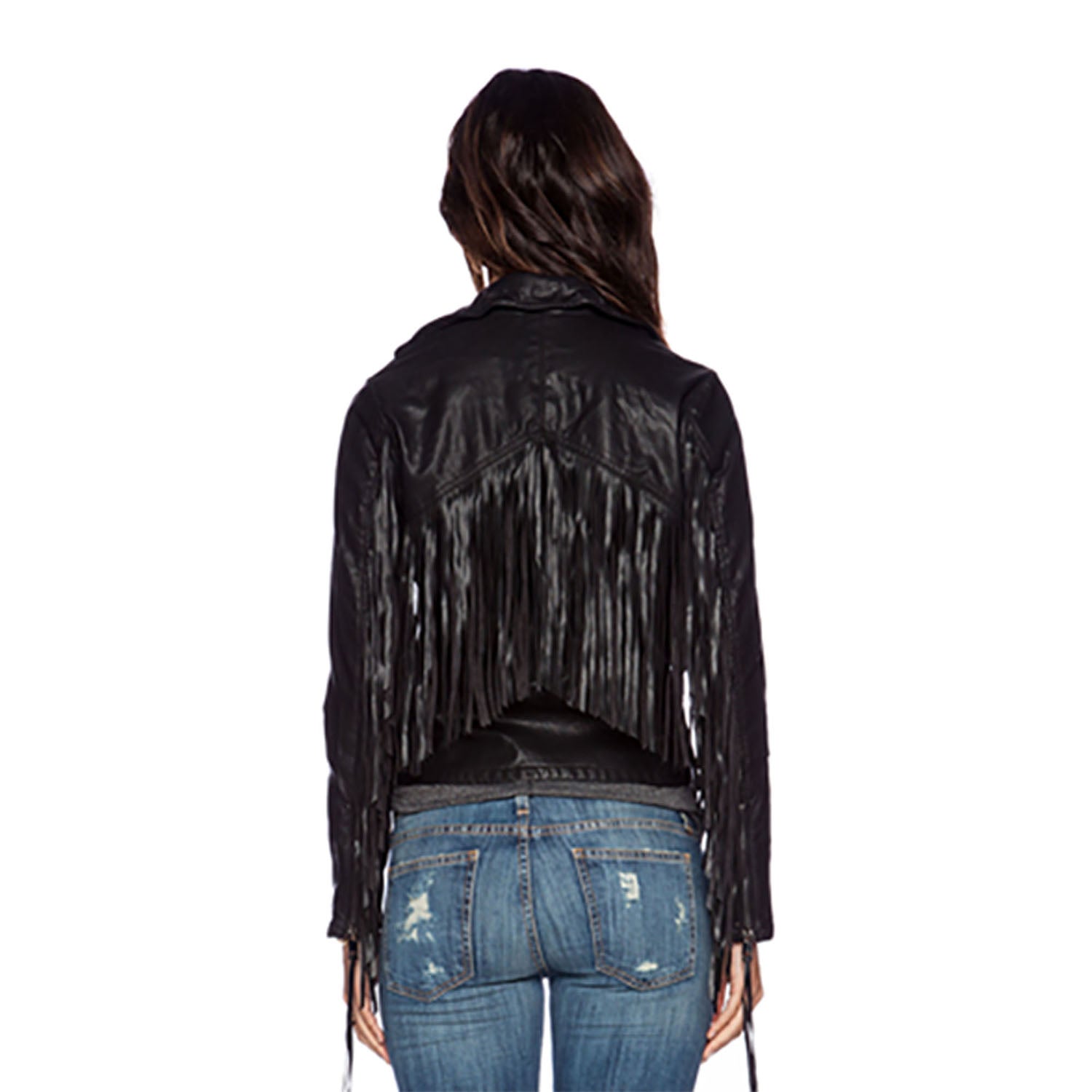 Western Fringe Black Leather Jacket for Women Cowgirl back view
