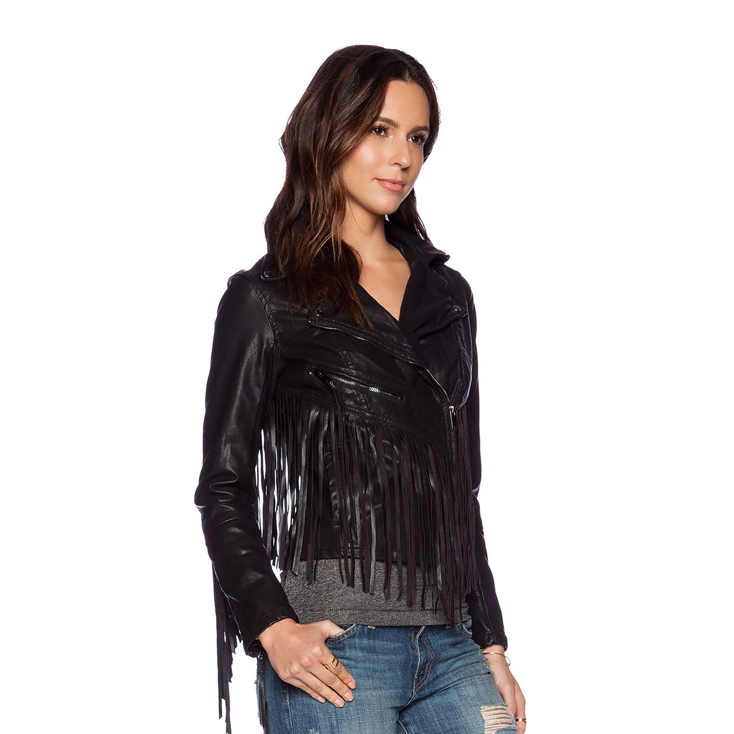 Western Fringe Black Leather Jacket for Women Cowgirl front view