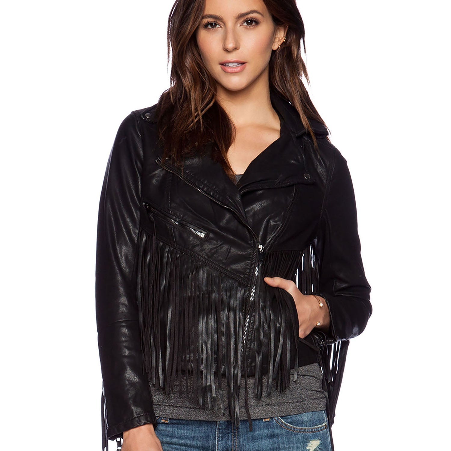 Western Fringe Black Leather Jacket for Women Cowgirl side view