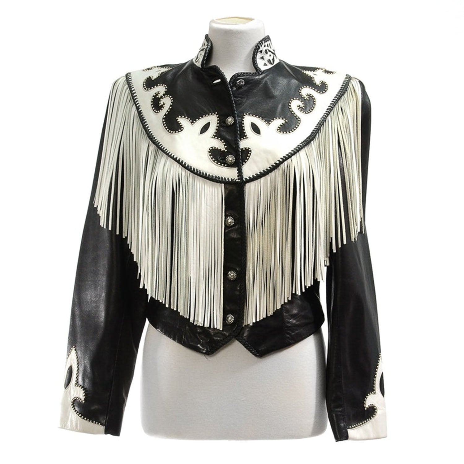 Western Fringe Black Leather Jacket for Women Cowgirl front view