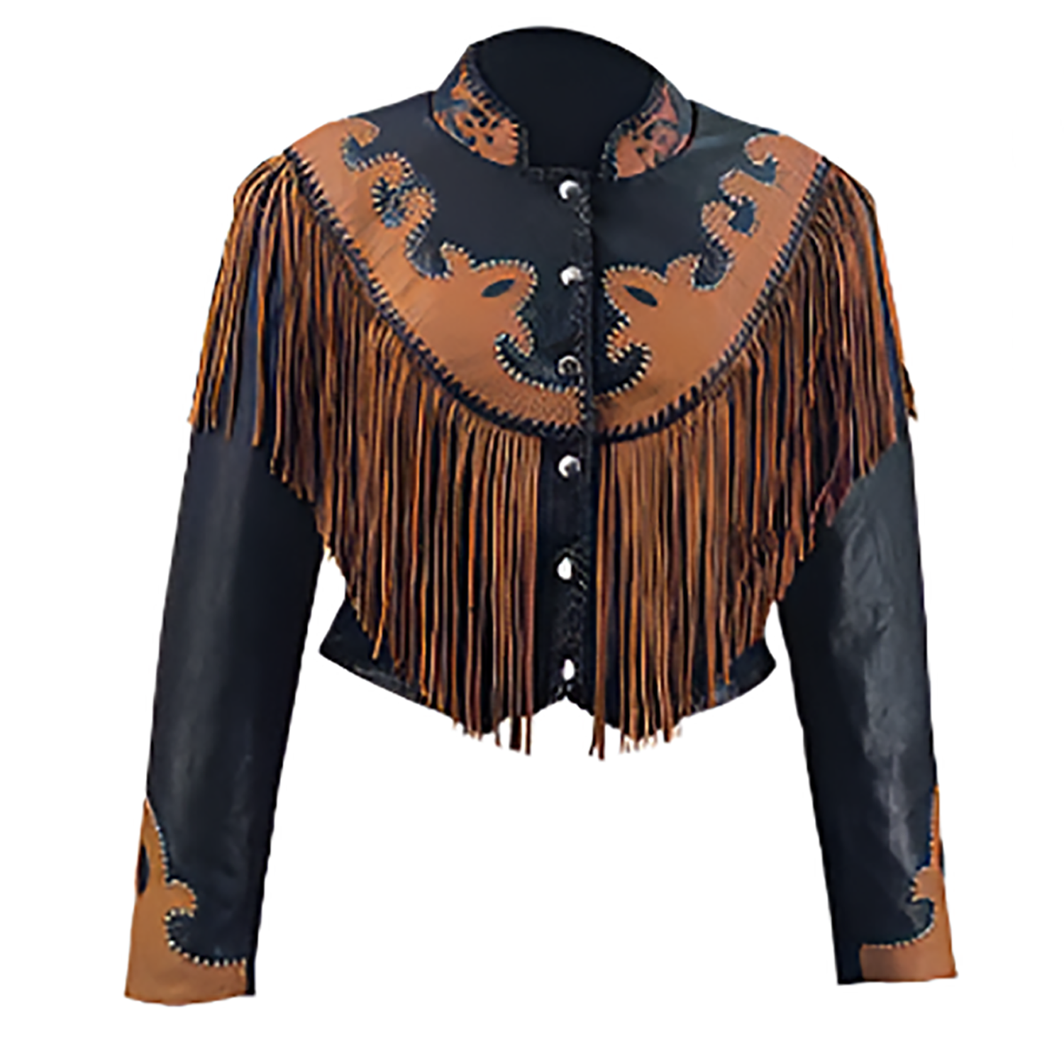 Western Fringe Black Leather Jacket for Women Cowgirl front view