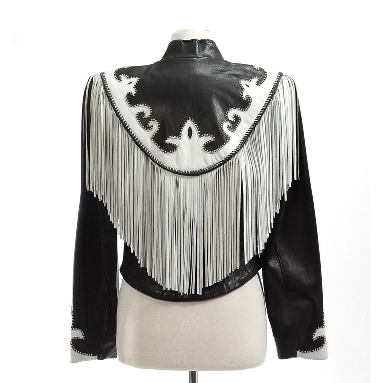 Western Fringe Black Leather Jacket for Women Cowgirl side view